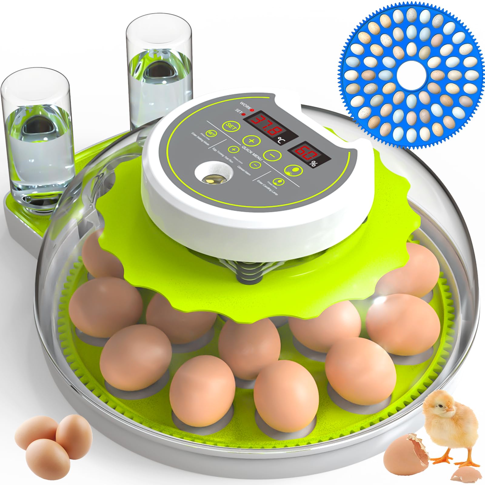 Incubatrice per uova 18/60 con display di umidità, candela per uova, tornitrice automatica per uova, incubatrice per uova di pollame, anatre, anatre, quaglie, verde