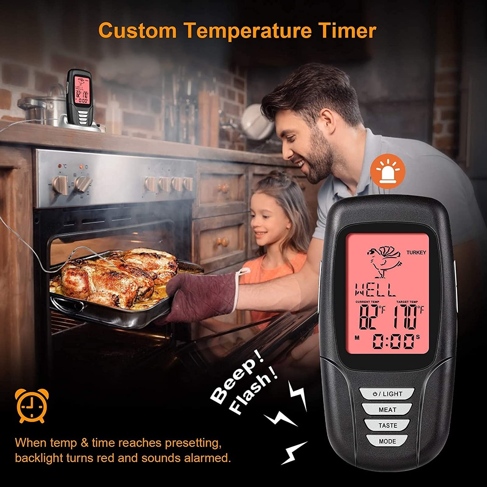 Termómetro de carne inalámbrica, termómetros de alimentos digitales remotos de 328 pies for el horno de la parrilla del fumador BARBACOA con la sonda y el monitor de temperatura del temporizador