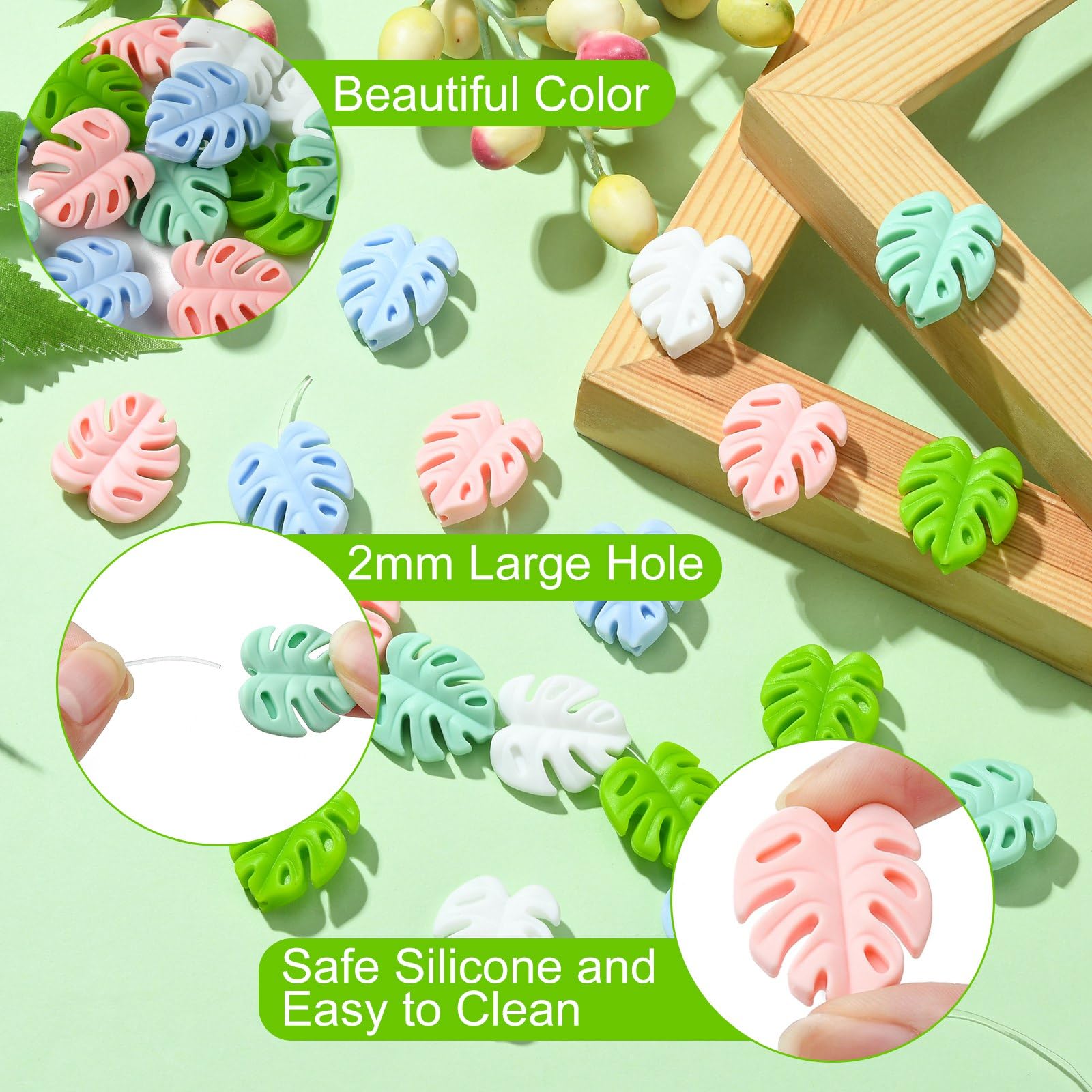 UR URLIFEHALL 20 Pcs 5 Colours Silicone Beads Leaf Silicone Focal Beads Monstera Leaf Beads Loose Spacer Beads for Pens Jewellery Making - Image 3