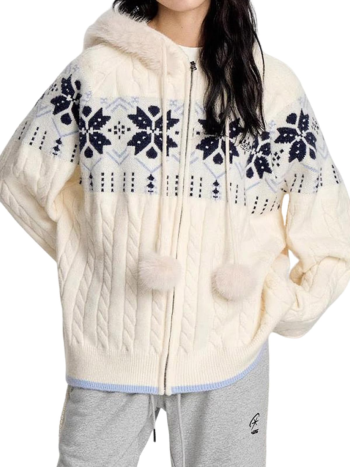 utcoco Christmas Sweater for Women Contrast Snowflake Cable Knit Cardigans Fur Collared Zip Up Sweater Coat with Hood