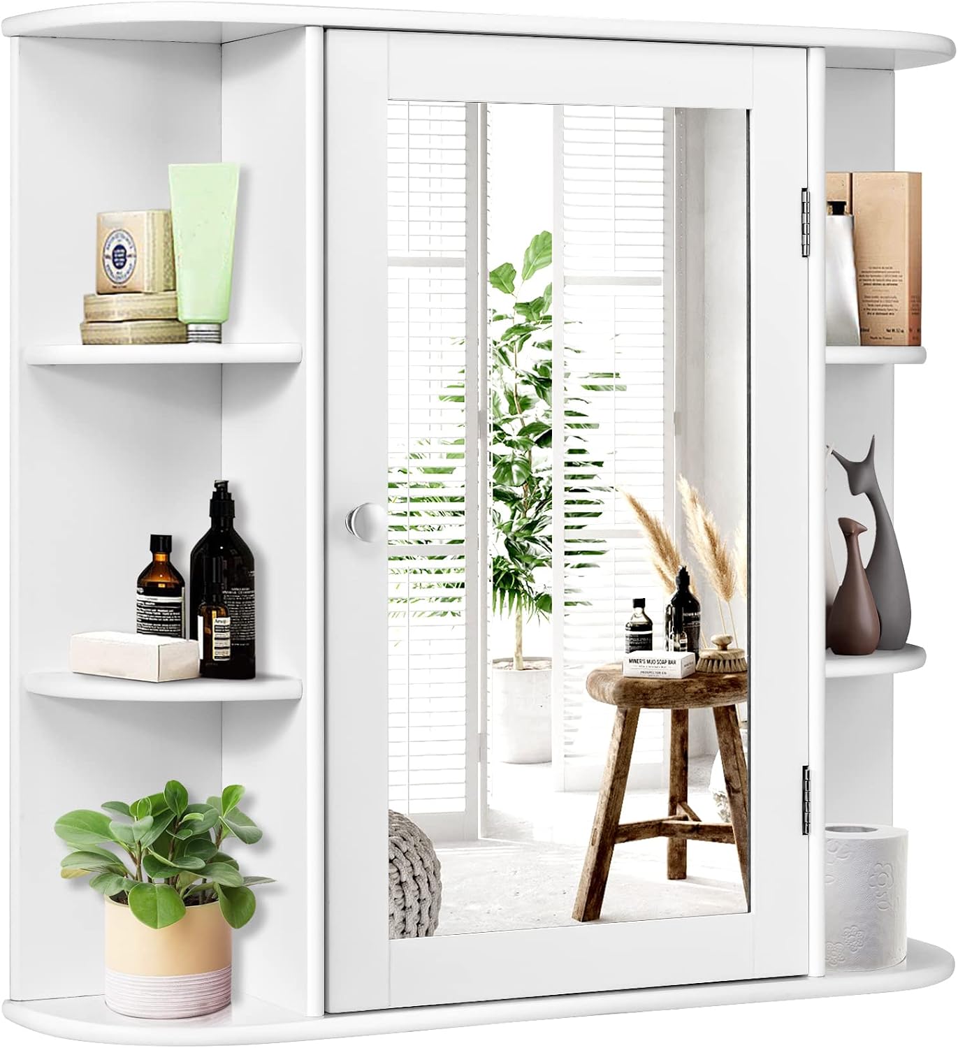 ARLIME Bathroom Mirror Cabinet, Wall Mounted Medicine Cabinet, Single Door Storage Organizer with 4 Internal Shelves and 6 Open Racks, Space Saver Wooden Hanging Cabinet, White