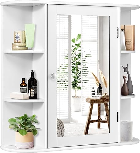 ARLIME Armario con espejo de baño, botiquín montado en la pared, organizador de almacenamiento de una sola puerta con 4 estantes internos y 6