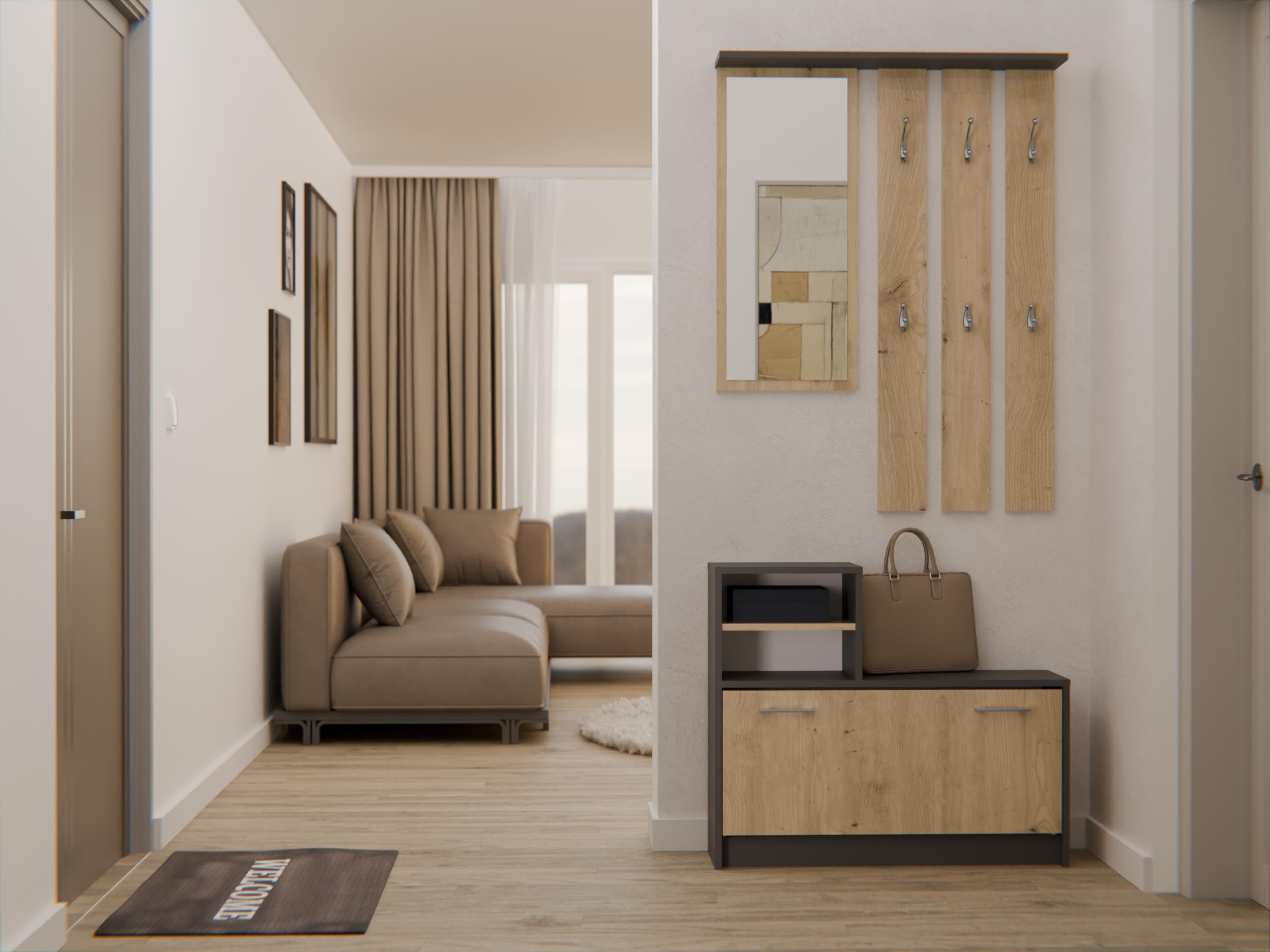 CDF Ensemble Meubles Entrée Complet Vestiaire Miroir Porte-Manteaux Mural 6 Crochets Armoire à Chaussures 9 Paires Rangement Couloir Moderne Compact Placard 85 x 24 x 180 cm Chêne Artisan Anthracite