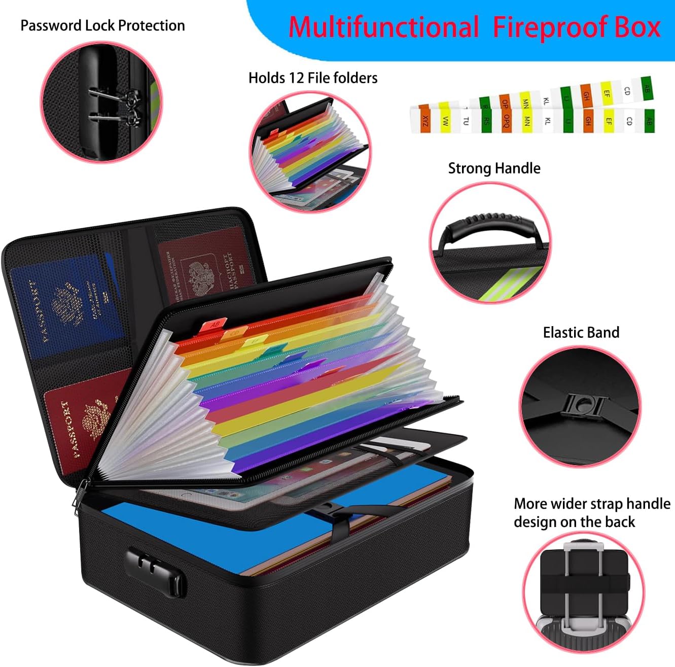 Black 38 * 28 * 10cm Fireproof Document Bag Home Office Travel Safe Storage Pouch with Zipper for A4 Document Cash Money Valuables Jewelry Passport Currency Keys Tablet
