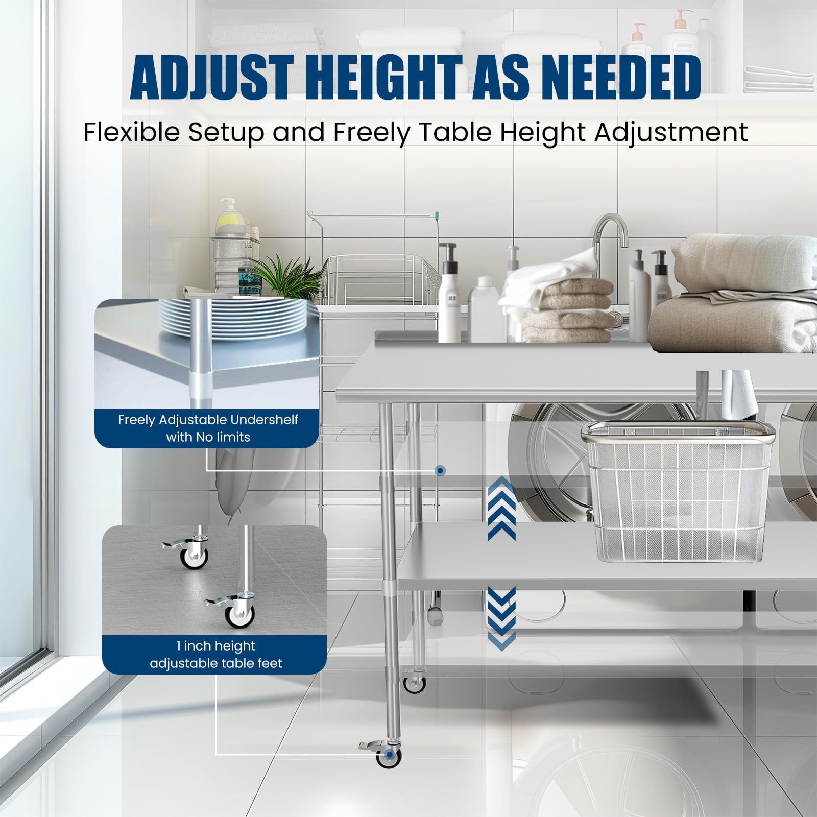 Mesa de acero inoxidable con ruedas de 30 x 60 pulgadas, mesa de metal para preparación de alimentos con protector contra salpicaduras y estante inferior ajustable, mesa de utilidad para