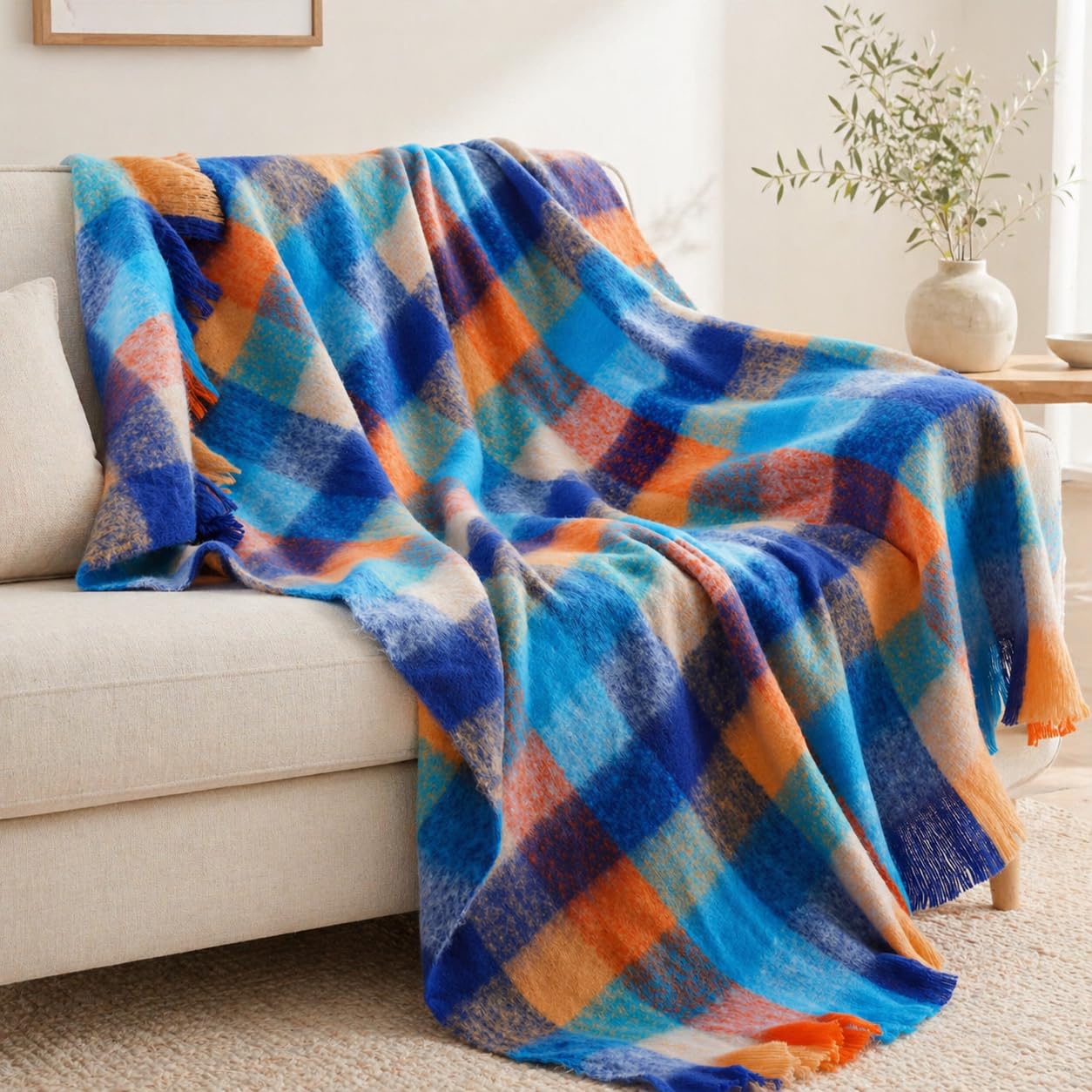 Battilo Plaid Throw Blanket for Couch Bed, Blue Mohair Tartan Plaid Blanket, Farmhouse Style Cherckered Pattern, Soft Cashmere Throw Blanktes for Fall Home Decor(125x150cm)