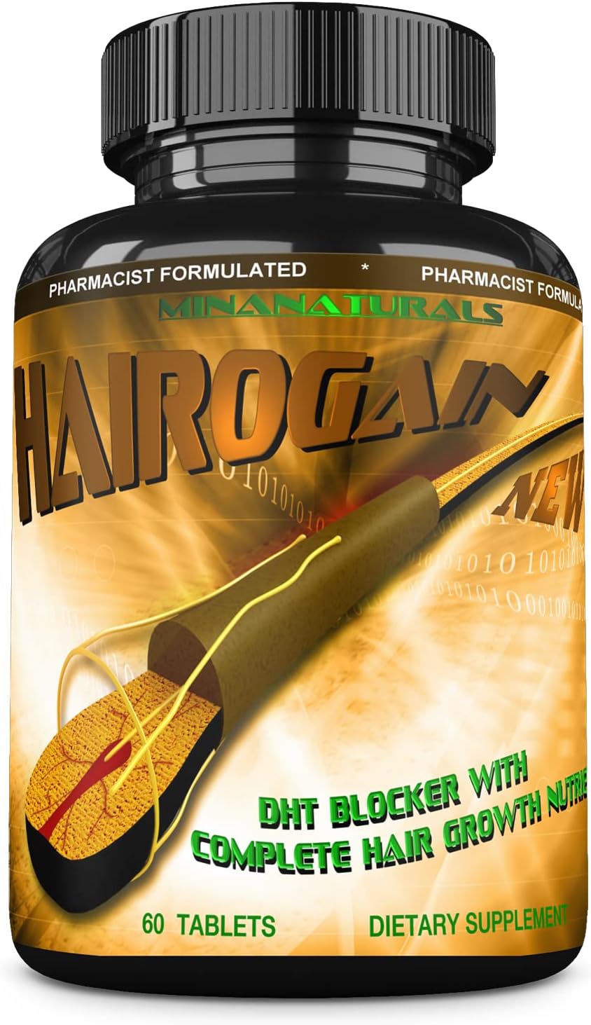 HAIROGAIN DHT Blocker. Support Hair Growth. 10000 mcg Biotin, Collagen & Hair Vitamins Added. Help Decrease Hair Loss and Baldness. 60 Tablets