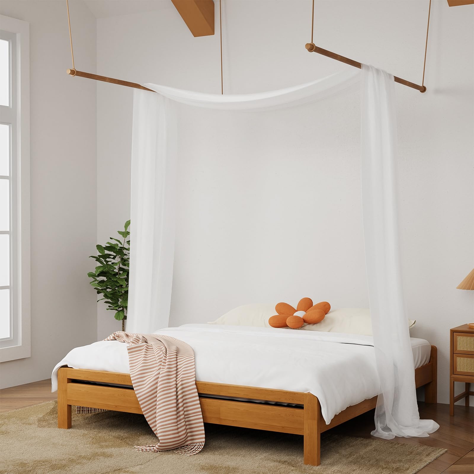 Hptmus Girls White Canopy Bed Curtains - 52 X 228 Inch Sheer Scarf Canopy Drapes For Queen&Full Bed In Room Decor