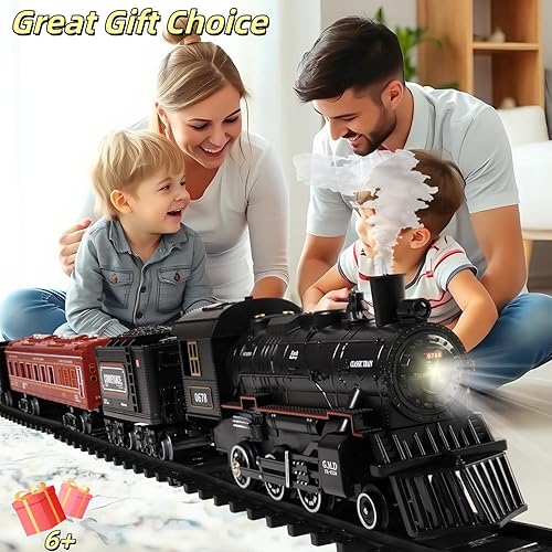 Miniatura 5 de Mantfuty Juego de tren de juguetes para niños con humo, luces y sonido, trenes eléctricos con locomotora de vapor y pistas de lujo, trenes modelo
