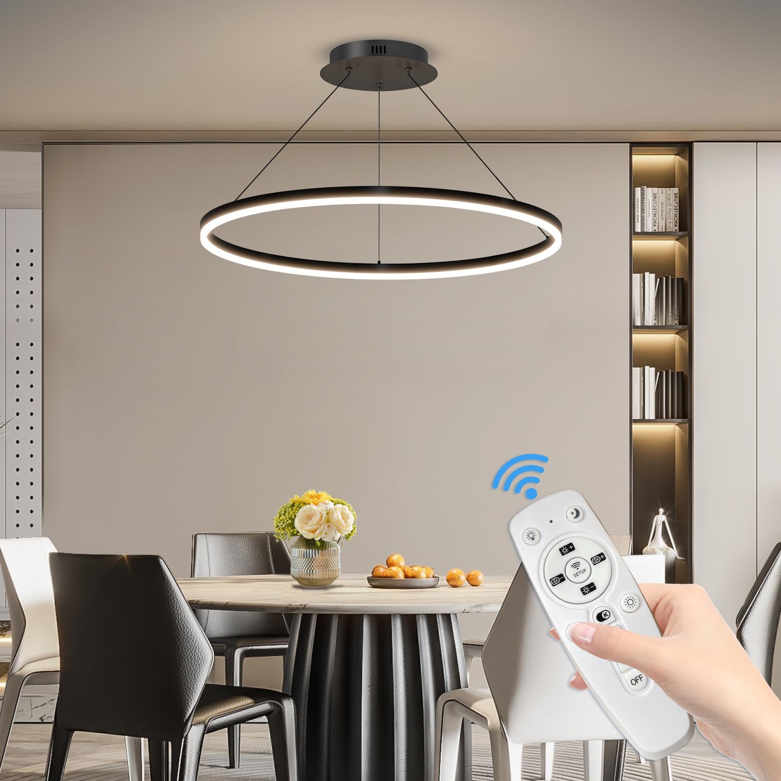 Mikeru Round LED Pendant Light, 40cm Adjustable Brightness 10%-100% Restaurant Pendant Light with Memory Function, 3000k/4500k/6000k Height Adjustable 1.5M Kitchen Island Lighting for Office, Café — image 1