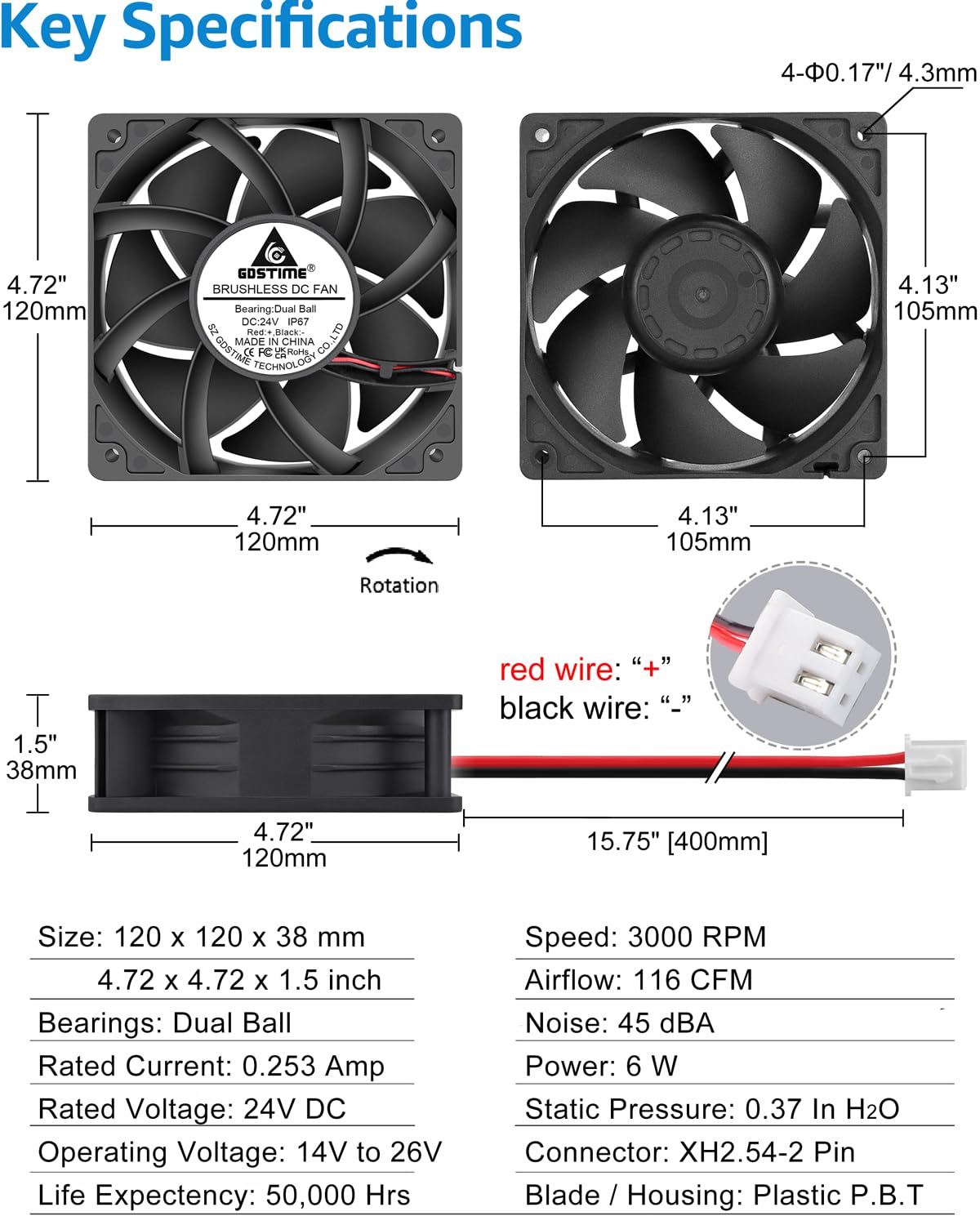 GDSTIME Ventilador IP67 impermeable de 120 mm x 38 mm, 24 V CC, paquete de 2