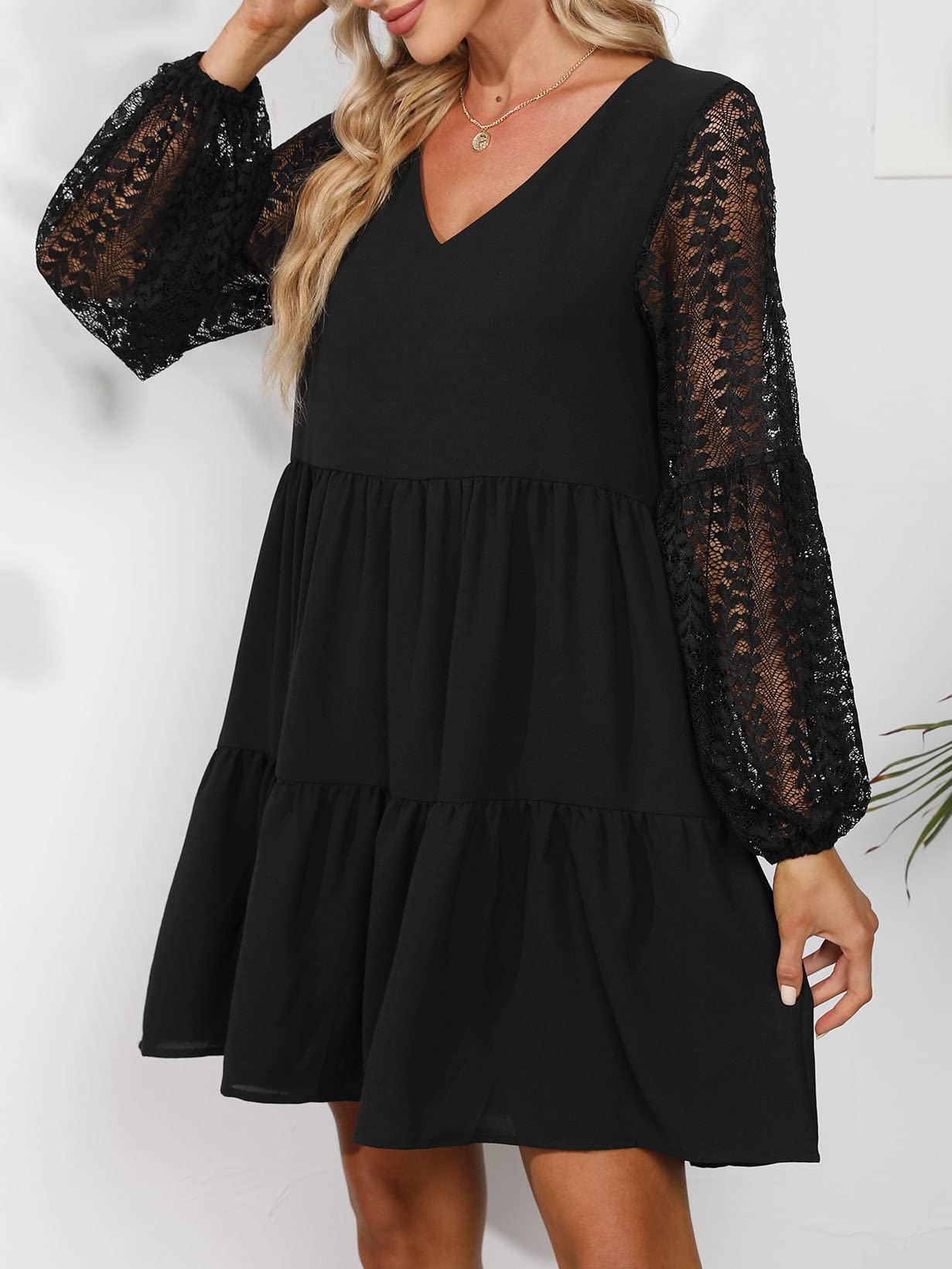 LATH.PIN Vestiti Donna Estivi Eleganti Maniche Lunghe Pizzo Vestito Donna con Tasca Scollo a V Sexy Vestito da Cerimonia Casual Abito da Spiaggia