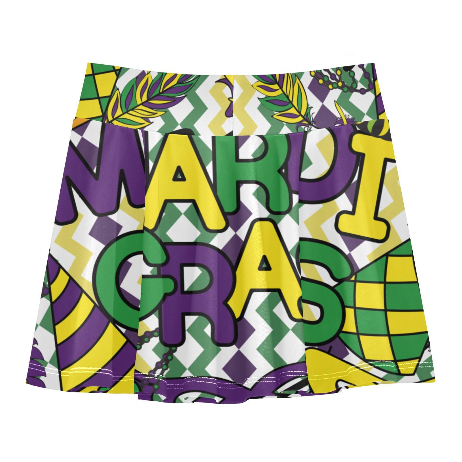 Aflyko Girls Pleated Skater Skirt Mardi Gras Party Color High Waist Cheerleading Dress Dance Skort with Lining Shorts Weekend Date Outfit Short Bottoms, 9-10T Multicoloured