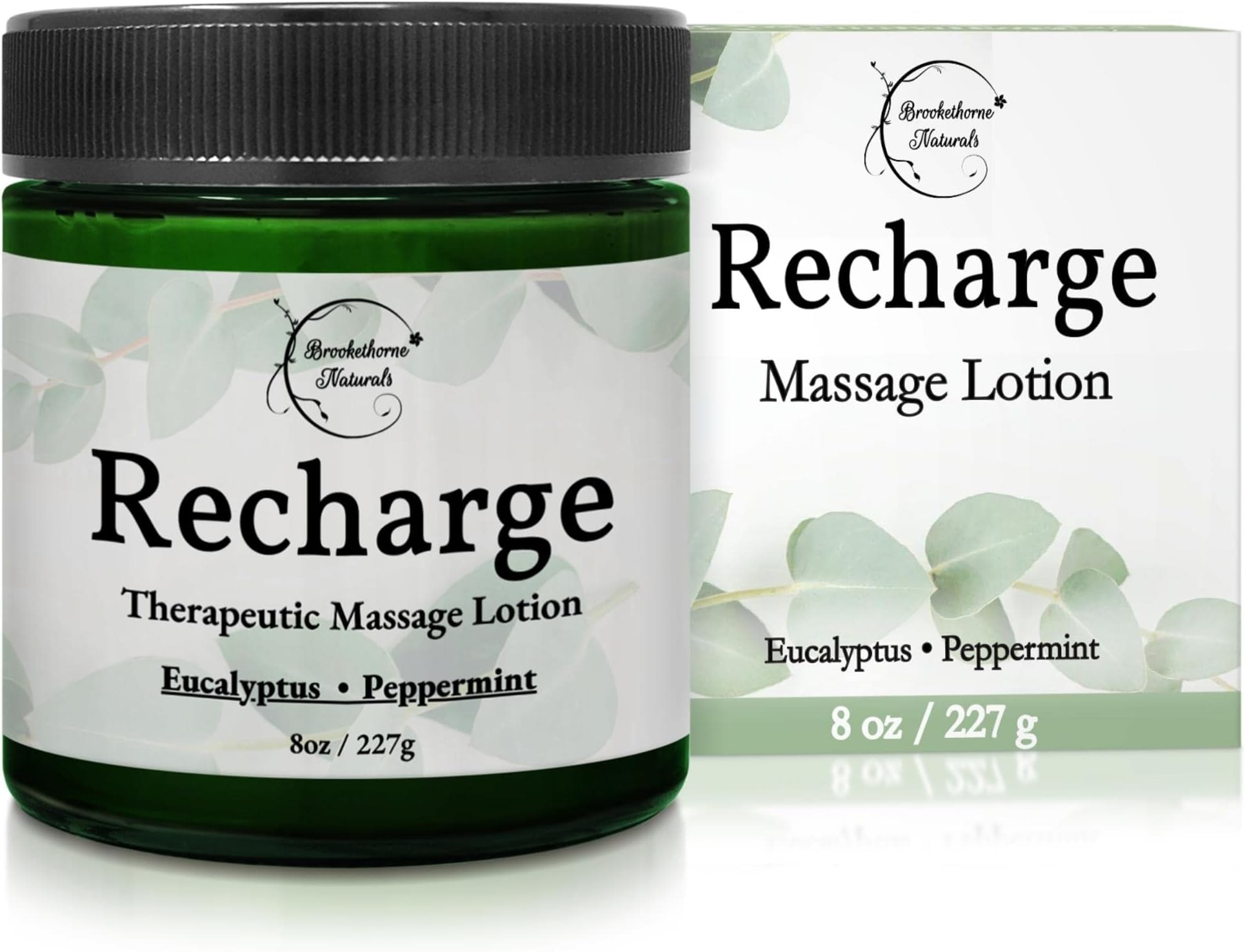 Recharge Massage Lotion for Massage Therapy & Home Use | Cream for Effortless Glide Massaging Body Lotion | Shea Butter, Coconut Oil, Eucalyptus, Peppermint Essential Oil - Brookethorne Naturals