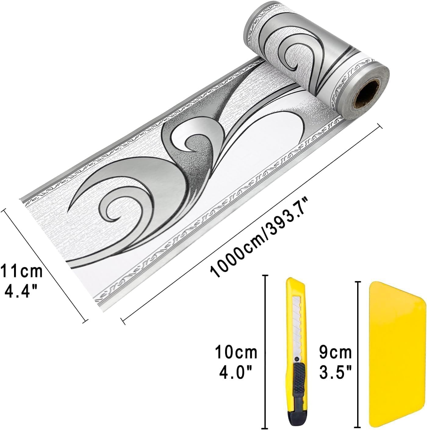 Angelkiss Papel pintado borde, patrón de ondas grises de plata real, borde, decoración de pared despegable, adhesivo de techo, cocina, baño, decoración de pared, 11 cm x 10 metros (2 unidades)