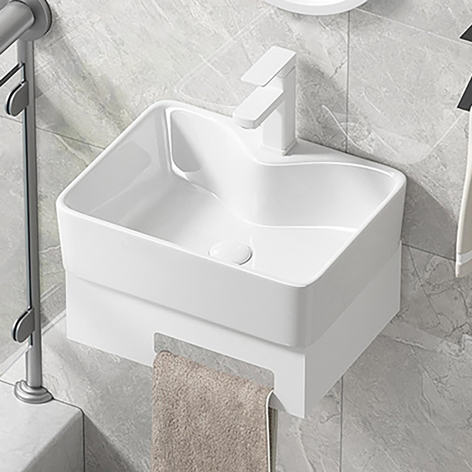 Lavabo de cerámica esquinero con soporte de acero inoxidable de diseño