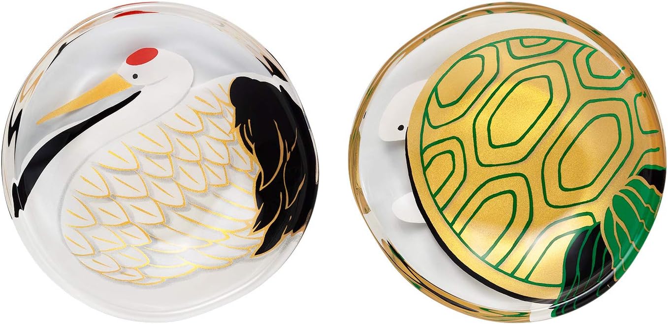 Aderia S-6308 Small Plates, Glass Plates, Medeta mono Lucky Pair Set, Crane/Turtle (Round Plate/Bean Plate/Diameter Approximately 3.5 inches (9 cm), Made in Japan, Gift Box, Birthday Gift