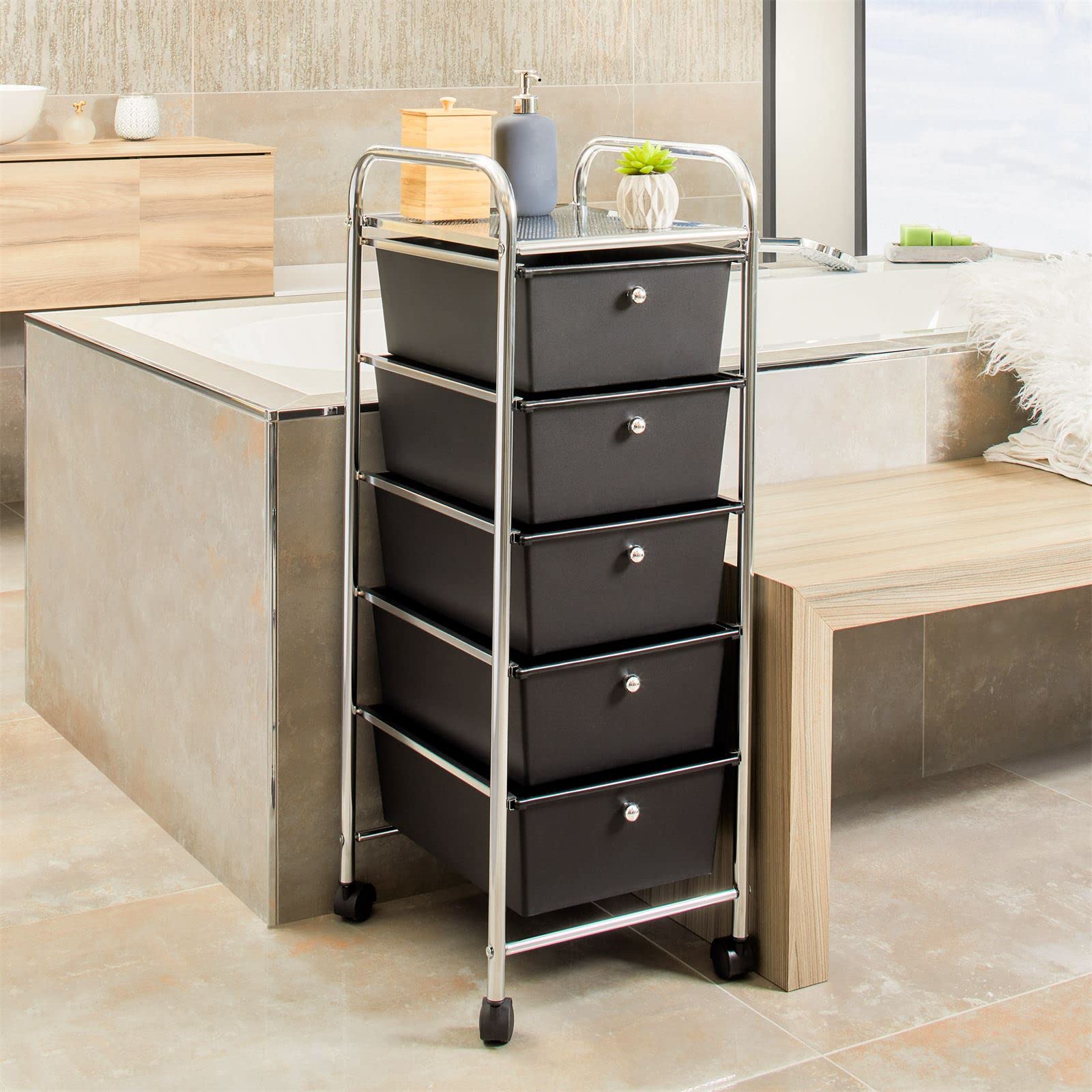 IDIMEX Rollcontainer GINA, Chrom/schwarz - Rollwagen mit 5 Schubladen, lackiertes Metallgestell in Chrom auf Rollen, Friseurwagen, Badezimmerschrank, Kosmetik Aufbewahrung