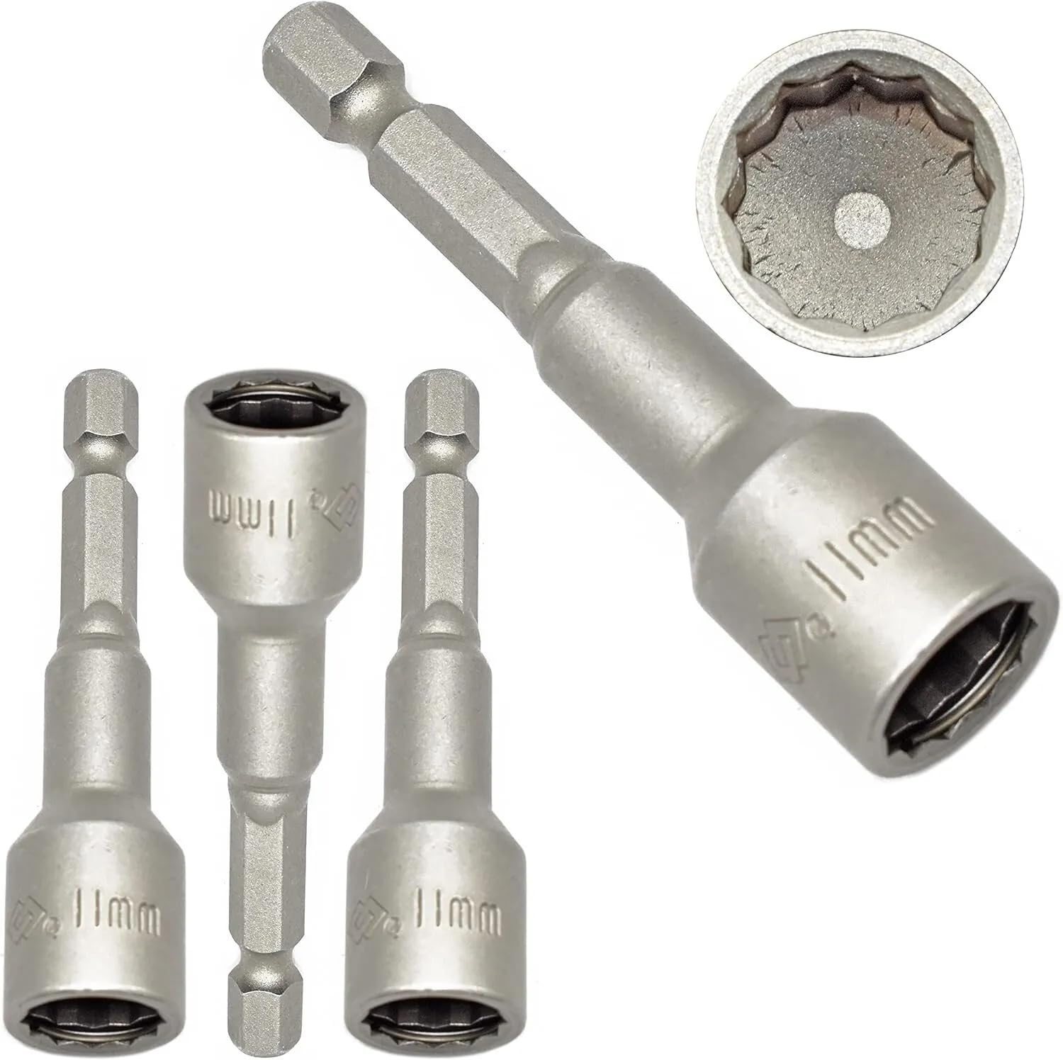 3 x Bi Hex 11mm Socket Driver Insert Bit Nut Setter c/w Retaining Ring - Used for Fixing Moulded Coloured Head Bi Hex Sheet Roofing Tek Screws
