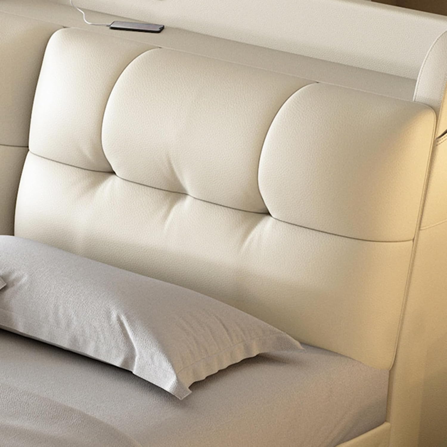 OUDINI USB Leather Bed Cream Style Shell Leather Bed Modern King Size Upholstered Platform Bed Frame Strong Wood Slats Support