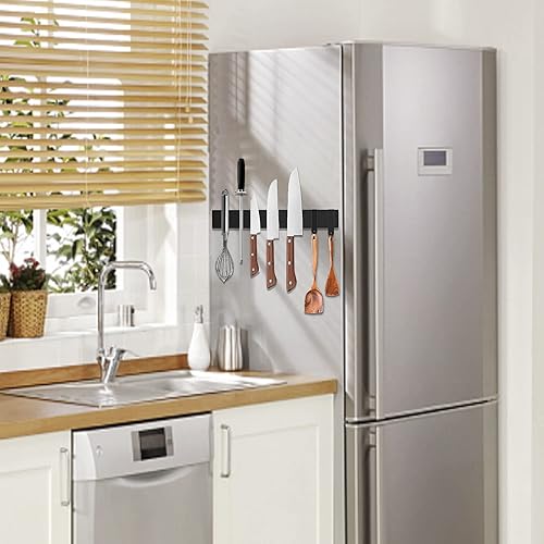 Miniatura 5 de Tira magnética negra para cuchillos para refrigerador, soporte magnético de acero inoxidable de doble cara de 17 pulgadas con ganchos para