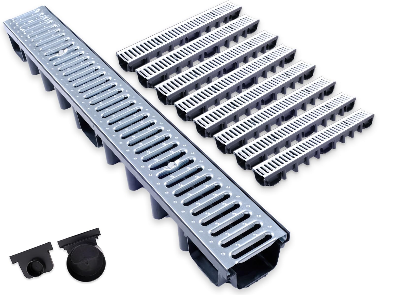 Juego de canalones de drenaje – 98 mm de desagüe de acero galvanizado, transitable para coches, para jardín, patio y terraza, incluye 2 boquillas de desagüe (DN 110, DN 50) (8 m)