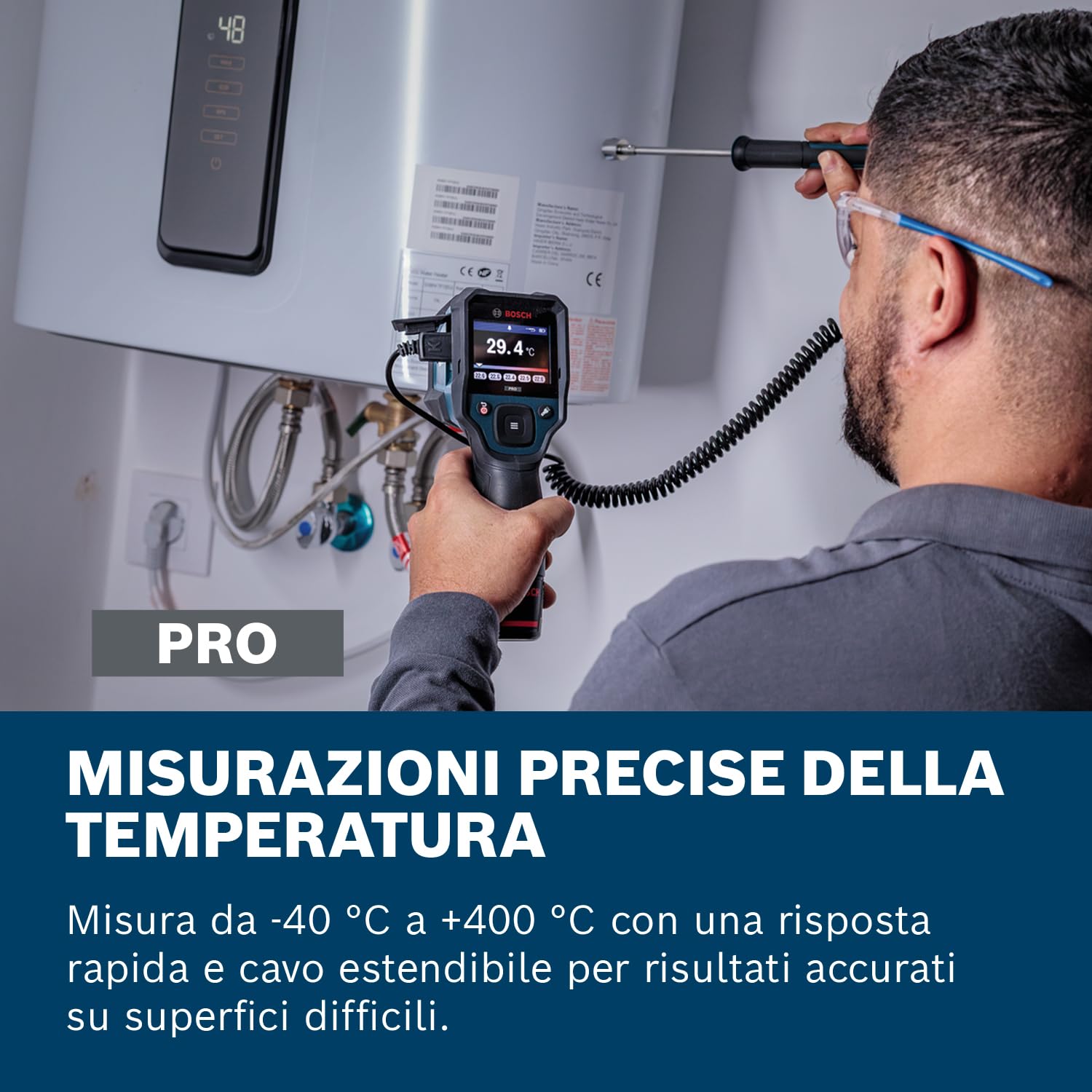 Bosch PRO Sonda di temperatura (tipo K) per superfici (da -40 °C a +400 °C, punta ottimizzata, cavo da 500 mm estendibile fino a 2.000 mm, impugnatura ergonomica)