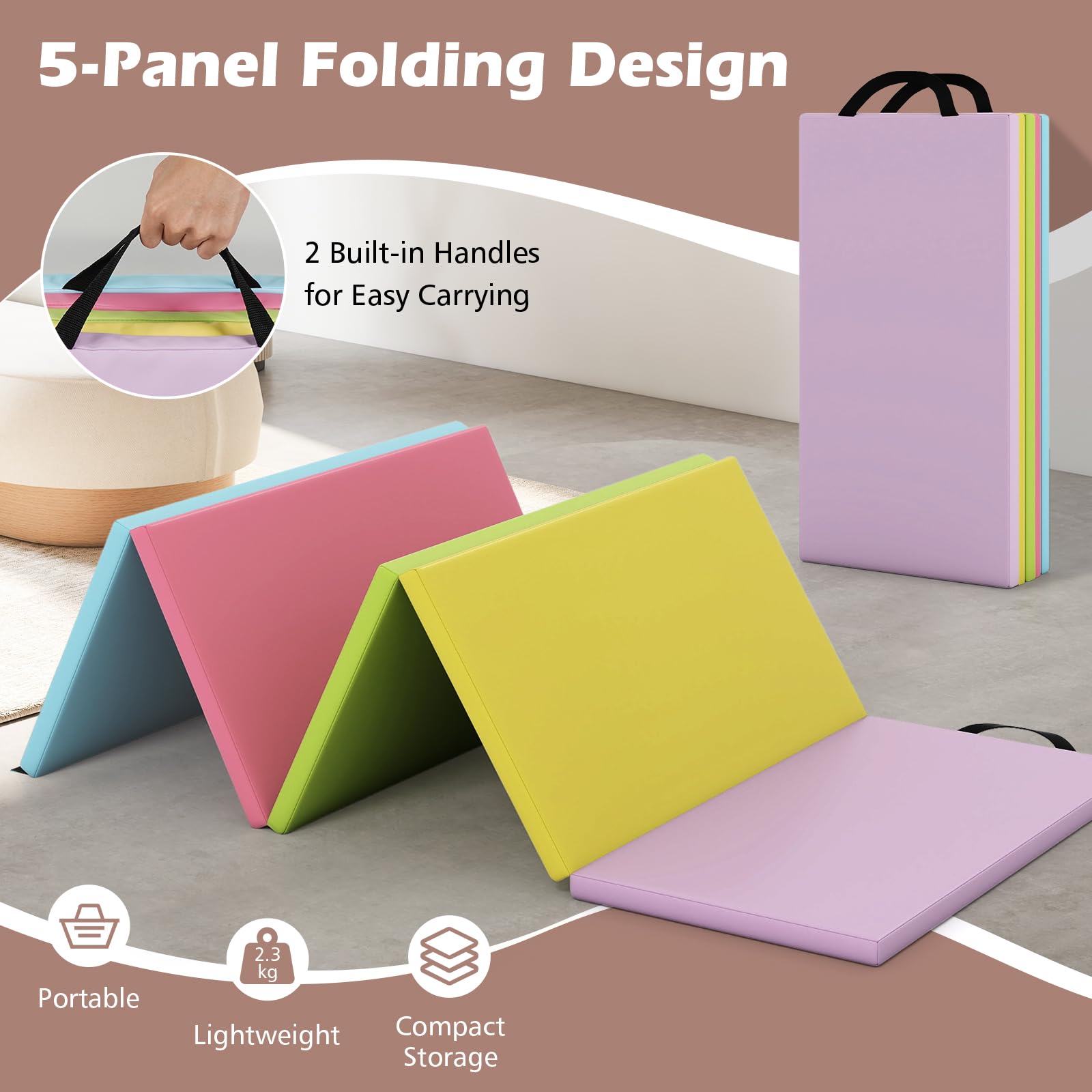 FANTASK Klappbare Weichbodenmatte, 200 x 75cm, Fitnessmatte aus PU 5 fach faltbar, Gymnastikmatte mit Tragegriff, Spielmatte, Sportmatte zuhause für Kinder Erwachsene, Macaron
