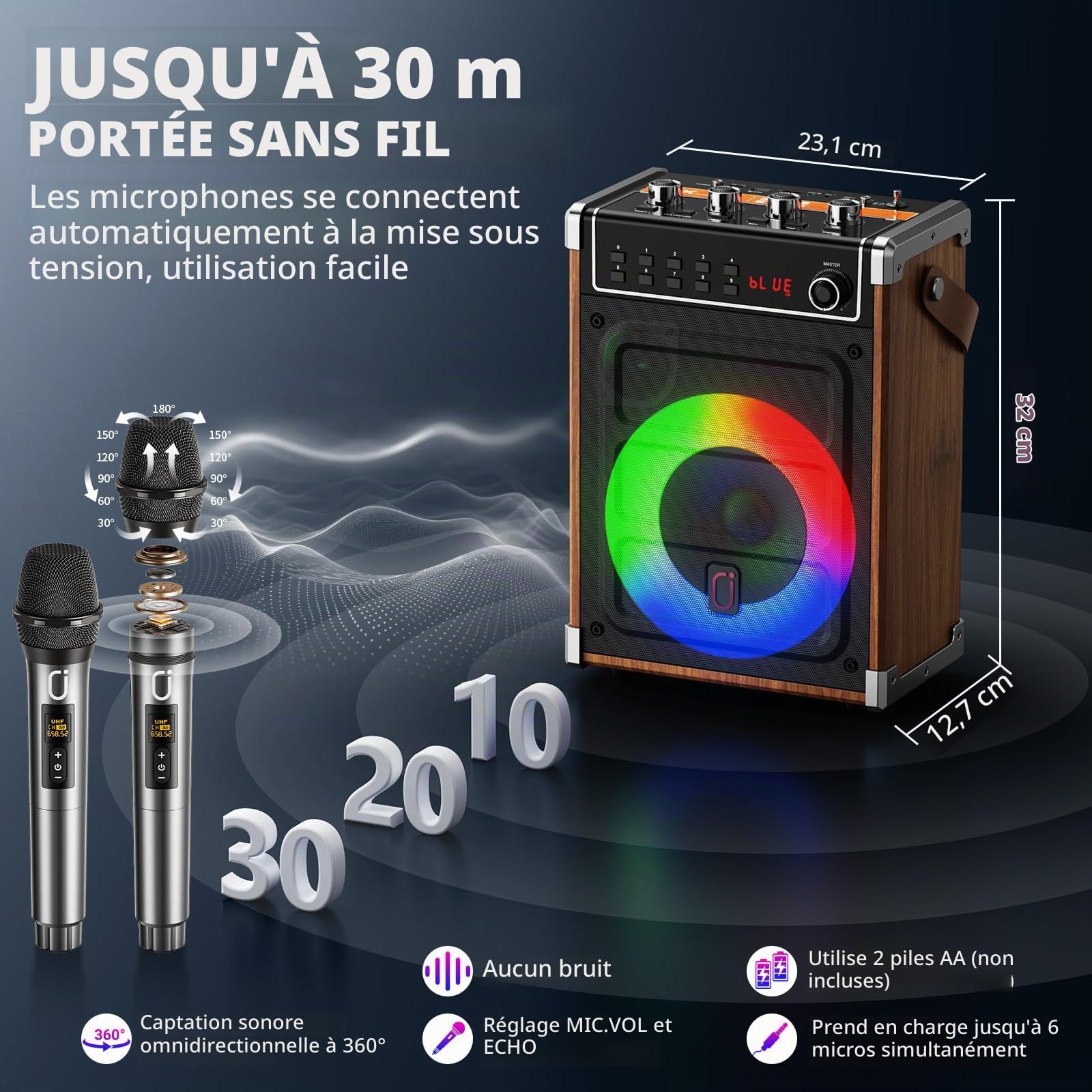 JYX Machine de Karaoké, Enceintes de Karaoké Professionnelles avec 2 Microphones sans Fil et Lumières de Fête DJ, Supporte Le Système de Karaoké Portable TWS/AUX/FM/USB/TF Card