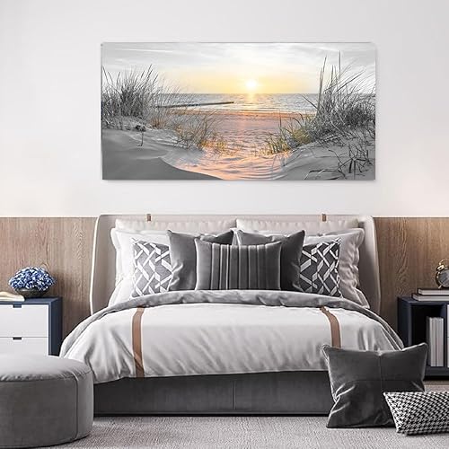 Miniatura 3 de Yxbhhym -Arte de pared de playa con puesta de sol en blanco y negro, decoración de habitación costera, imagen del océano para sala de estar,
