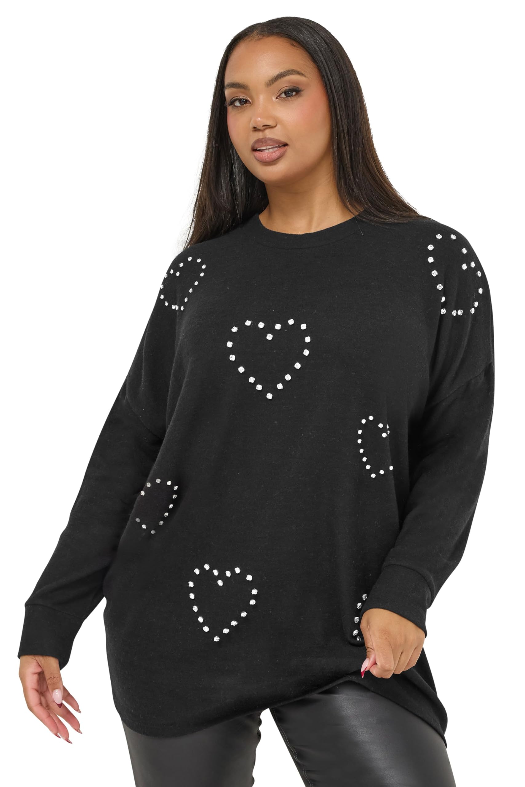 Yours Women's Black Curve Diamante Heart Jumper - Plus Size Curve