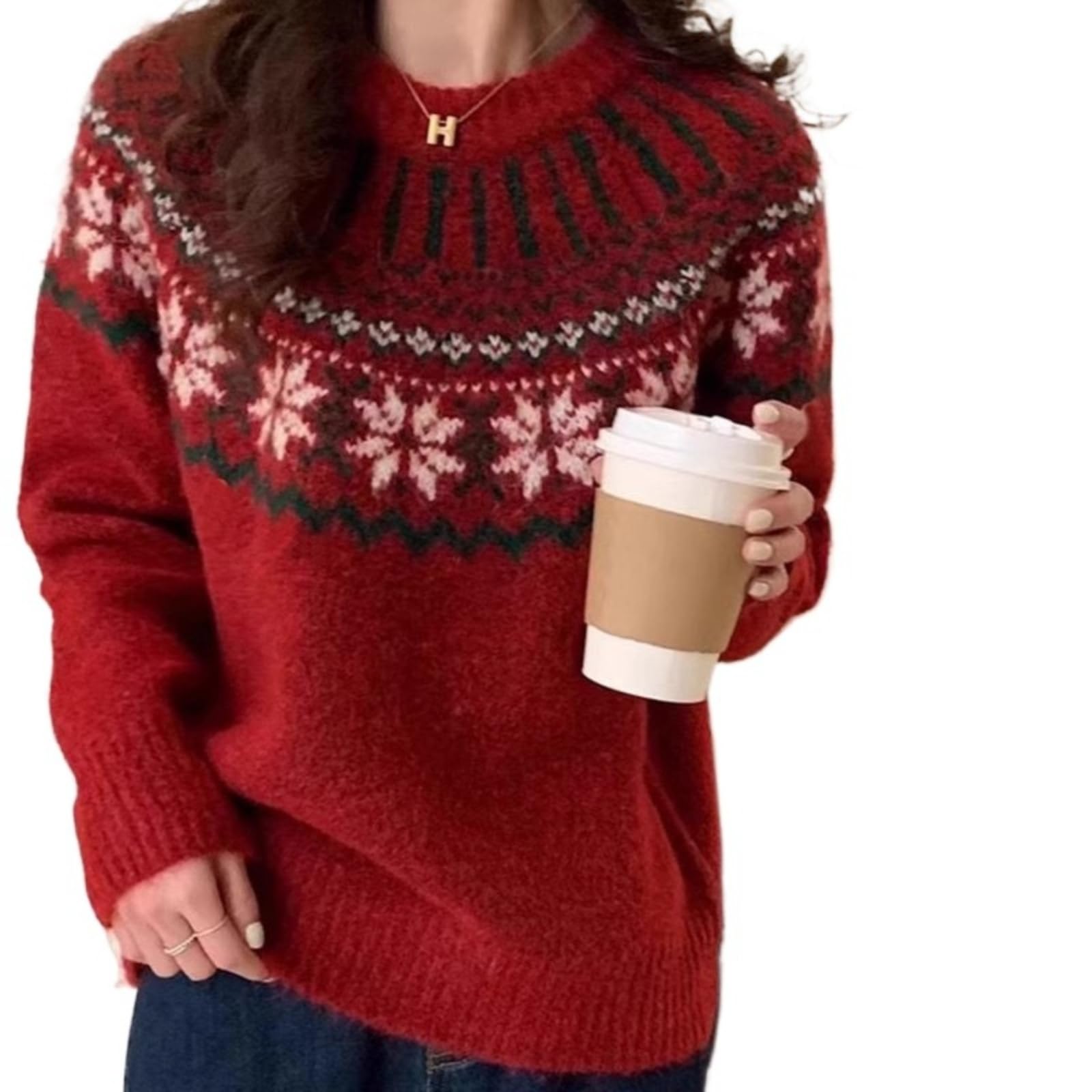 Vintage Sweater for Women Fair Isle Knit Pullover Winter Holiday Crewneck Warm Cozy Fall Fashion Grandpa Clothes