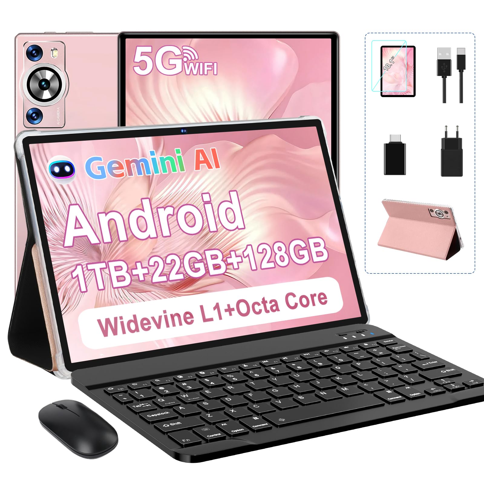2026 Último Tablet 10 Pulgadas Android, 22GB RAM + 128GB ROM (TF 1TB), Octa-Core 2.0GHz, 5G WiFi, GMS, Widevine L1, 5MP+8MP, 1280*800 Pixels, Bluetooth 5.0, Tableta con Funda, Ratón & Teclado - Dorado