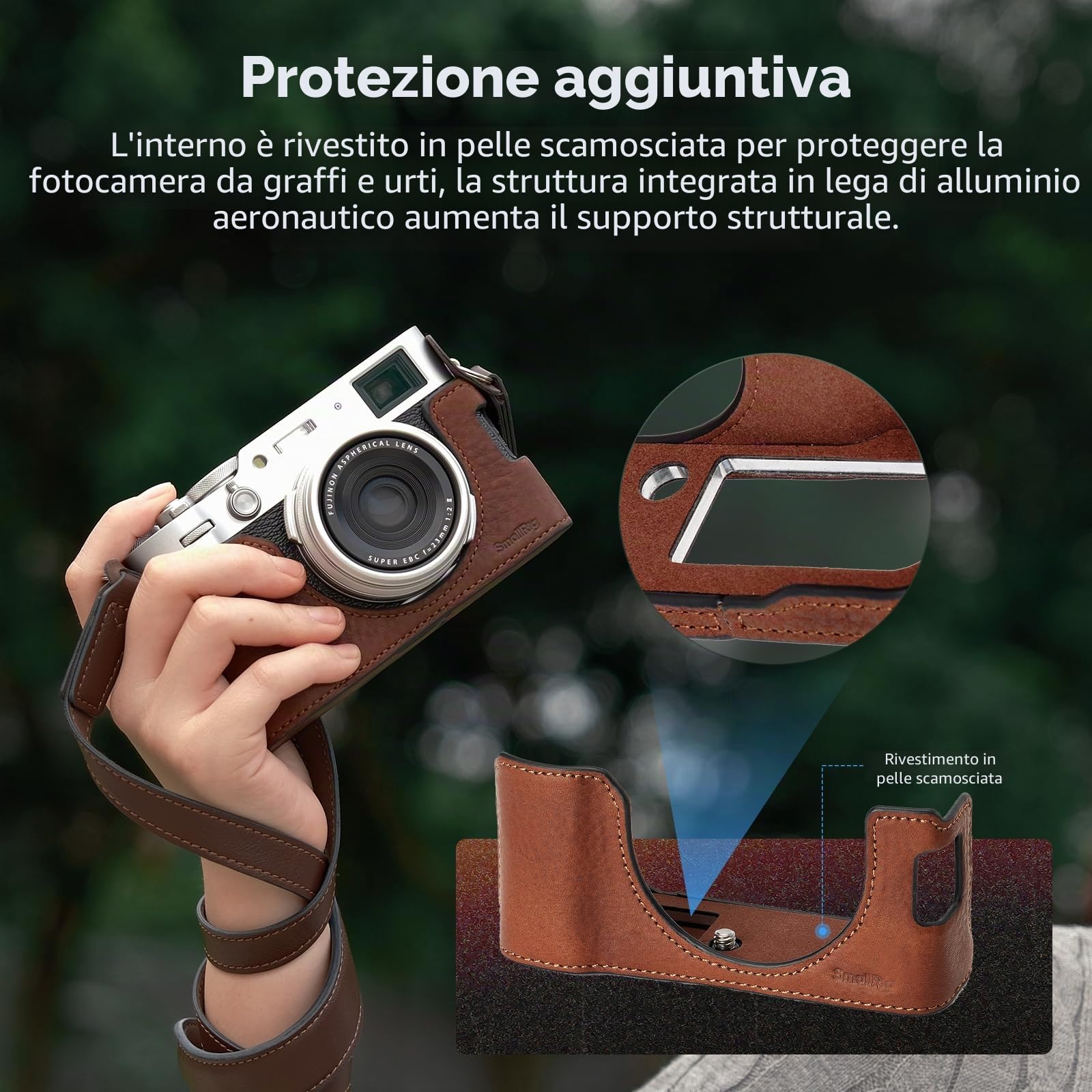 SMALLRIG Kit Custodia in Mezza Pelle con Tracolla per FUJIFILM X100VI, Stile Retrò con Telaio in Lega di Alluminio, Marrone - 4699