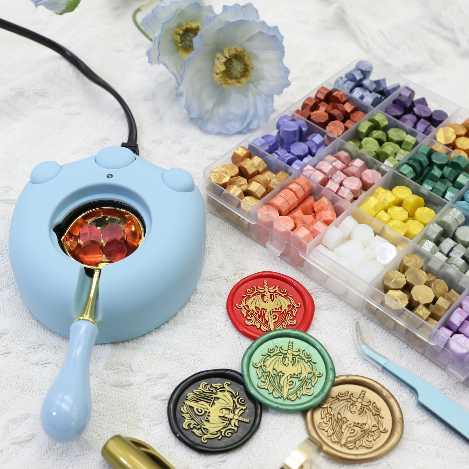 Wax Seal Stamp Set with Electric Waxs Sealing Warmer Kit, 24 Colors Waxseal Beads 600pcs, Sword Waxing Seals Stamp Dragon, Sealingwax Spoon, Gold Waxpen, Tweezer (K2)