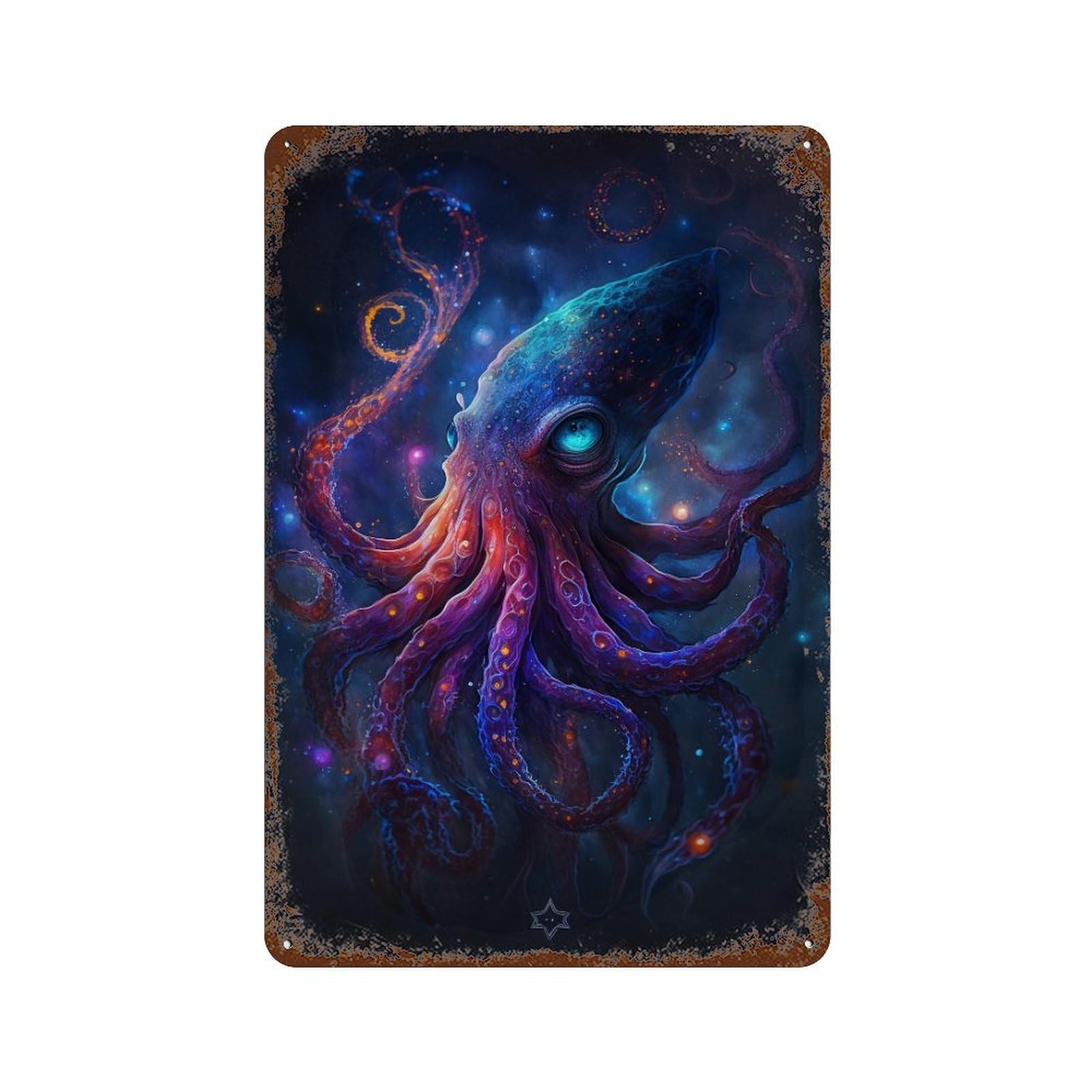 Glowing Cosmic Octopus Art Print 11.8"x7.9" Vintage Rust Metal Sign, Shabby Chic Decor for Cafe, Home Bar And Lounge Decor