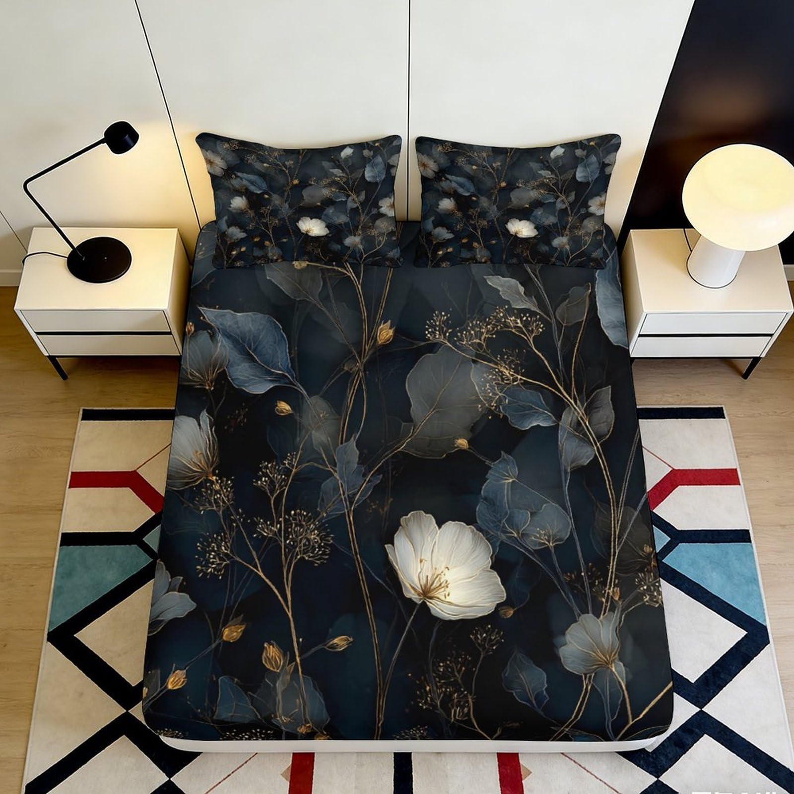 3D Printed Dark Floral Fitted Sheet Microfiber Soft White Blossom Bed Sheet for Bedroom Guest Room Mattress Decor 90x200x25cm
