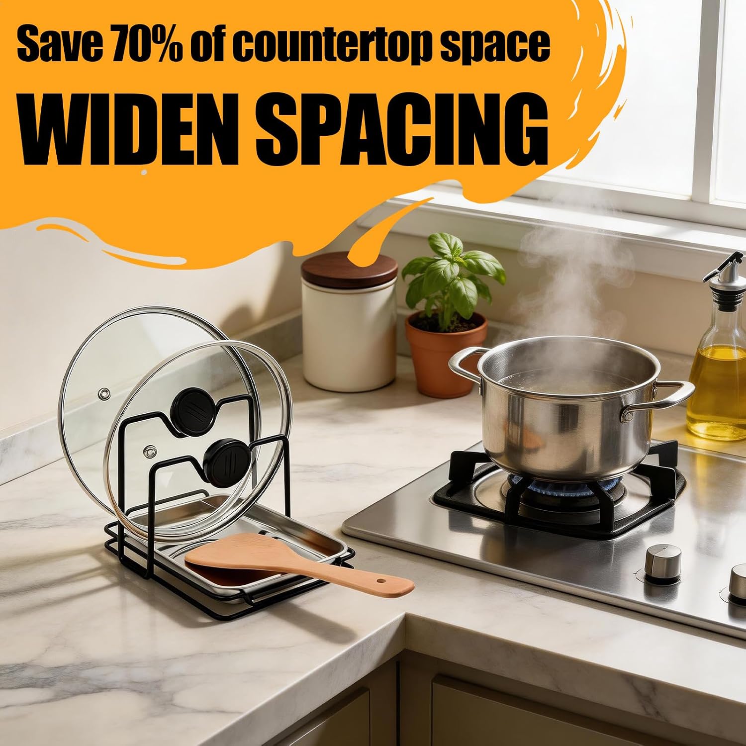 Pot Lid Holder with Stainless Steel Drip Tray, 2-Tier Spoon Rest Rack