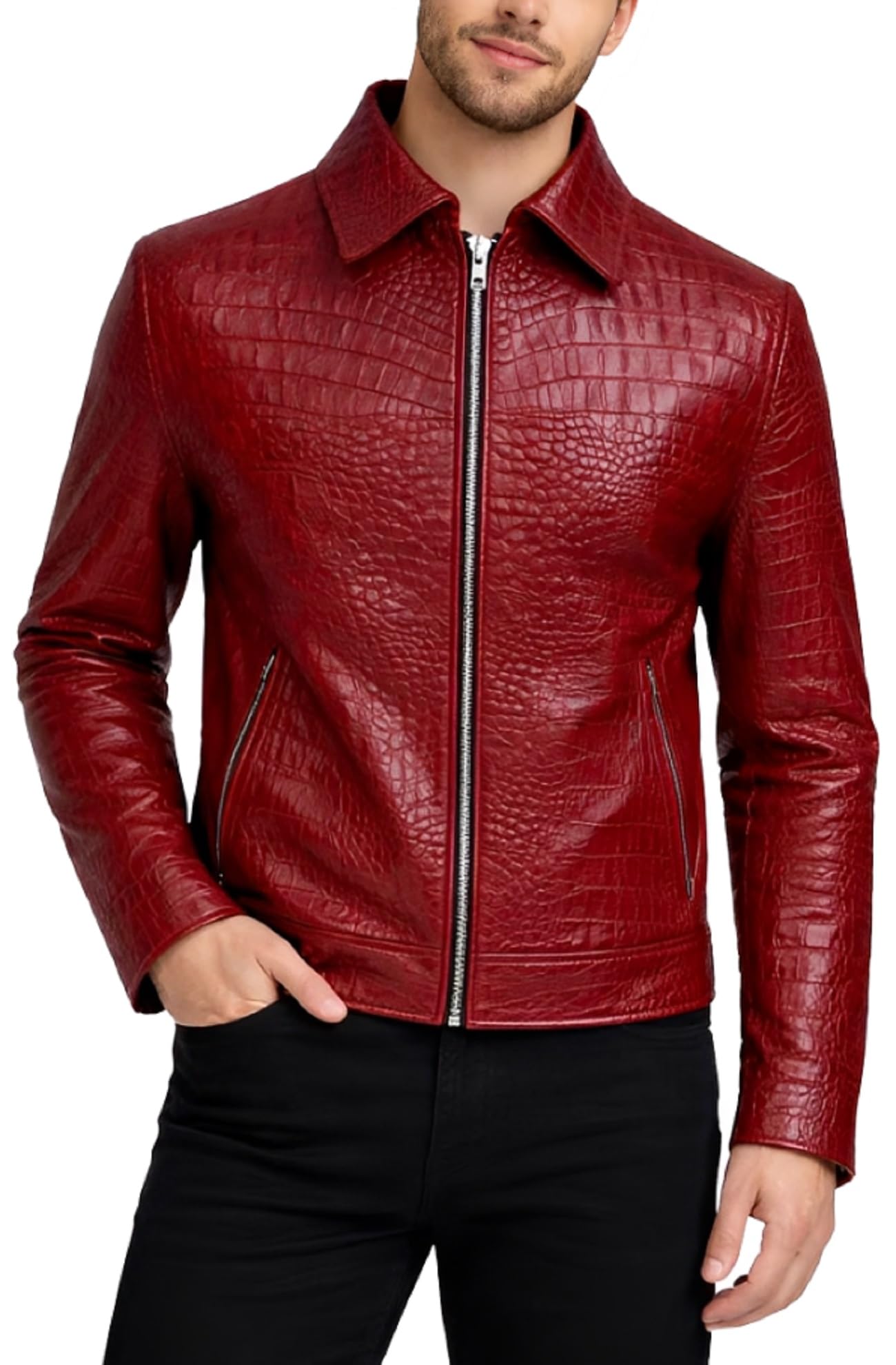 Chaqueta de piel con estampado de cocodrilo rojo para hombre, chaqueta de motociclista de lujo con estampado de cocodrilo