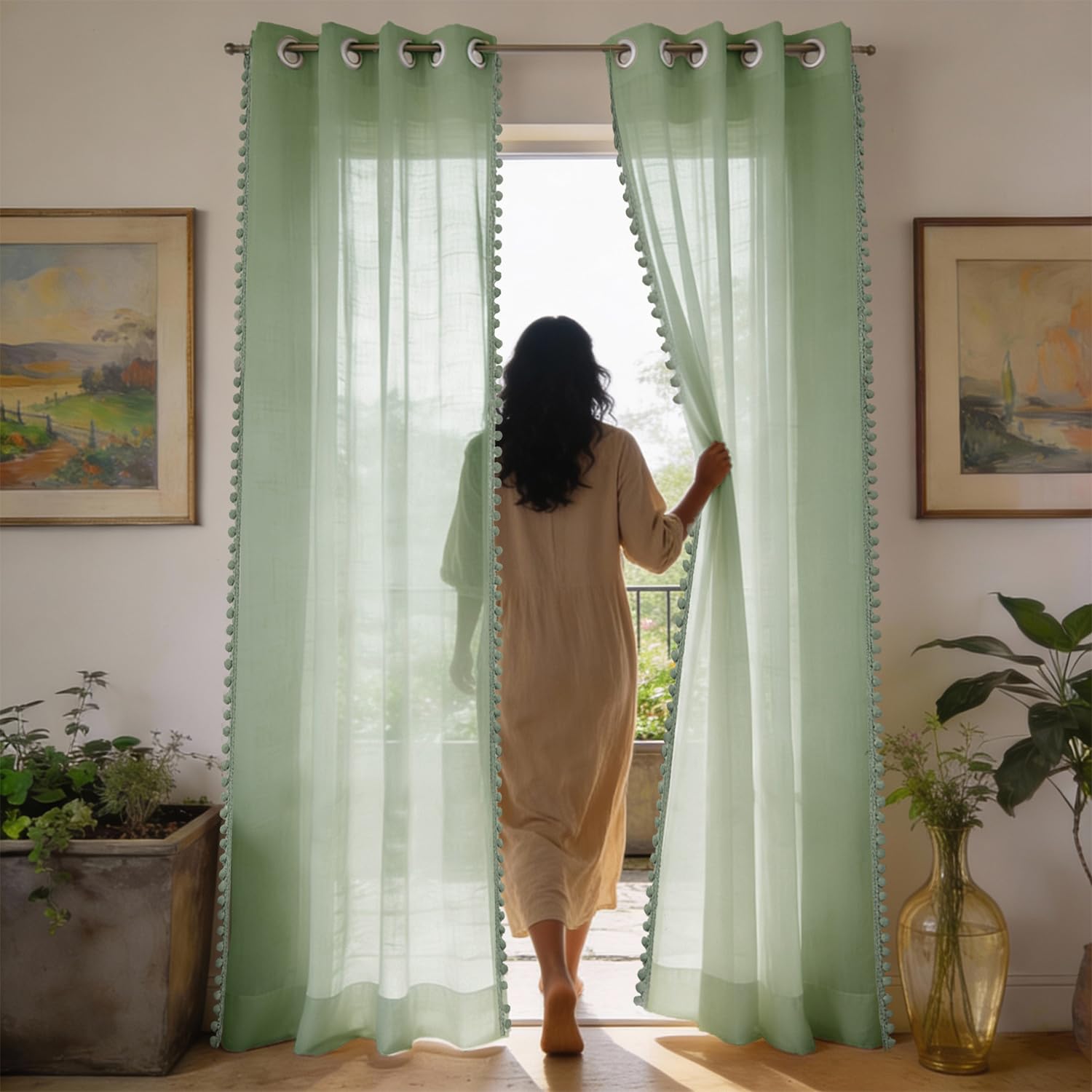 Urban Space Linen Textured Sheer Curtain for Door, 35-40% Room Darkening, Decorative Curtains with Tieback, Eyelets Hanging Style, Set of 2 Curtains - Mint Green with pom pom (Door -7 feet)