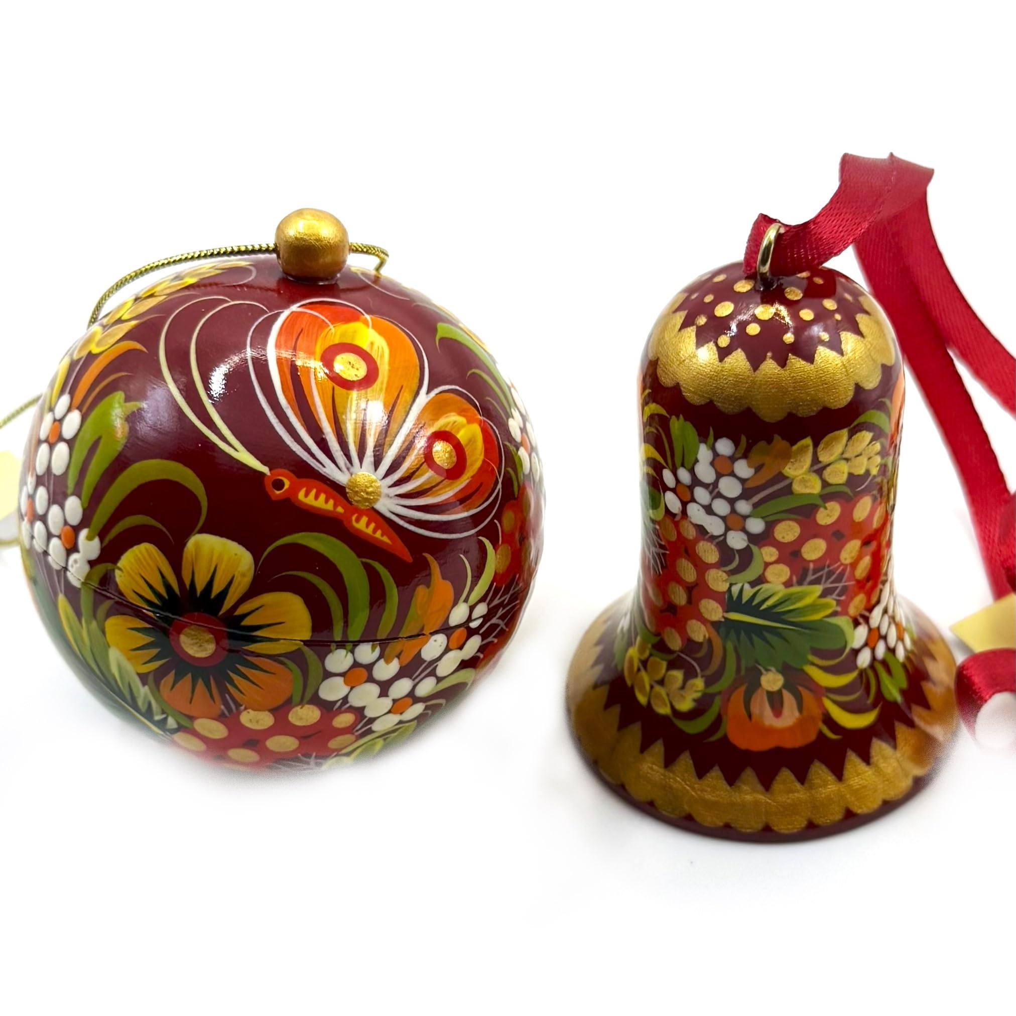 Exklusiver Weihnachtsschmuck Set aus Holz - Christbaumkugel und Glöckchen. Glocke 6.5 und Christbaumkugel 7 cm, lässt sich öffnen, Traditionelles Kunsthandwerk