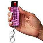 FIGHTSENSE Self Defense Pepper Spray - 1/2 oz Compact Size Maximum Strength Police Grade Formula Best Self Defense Tool for Women W/Leather Pouch Keychain (Pink Bling)