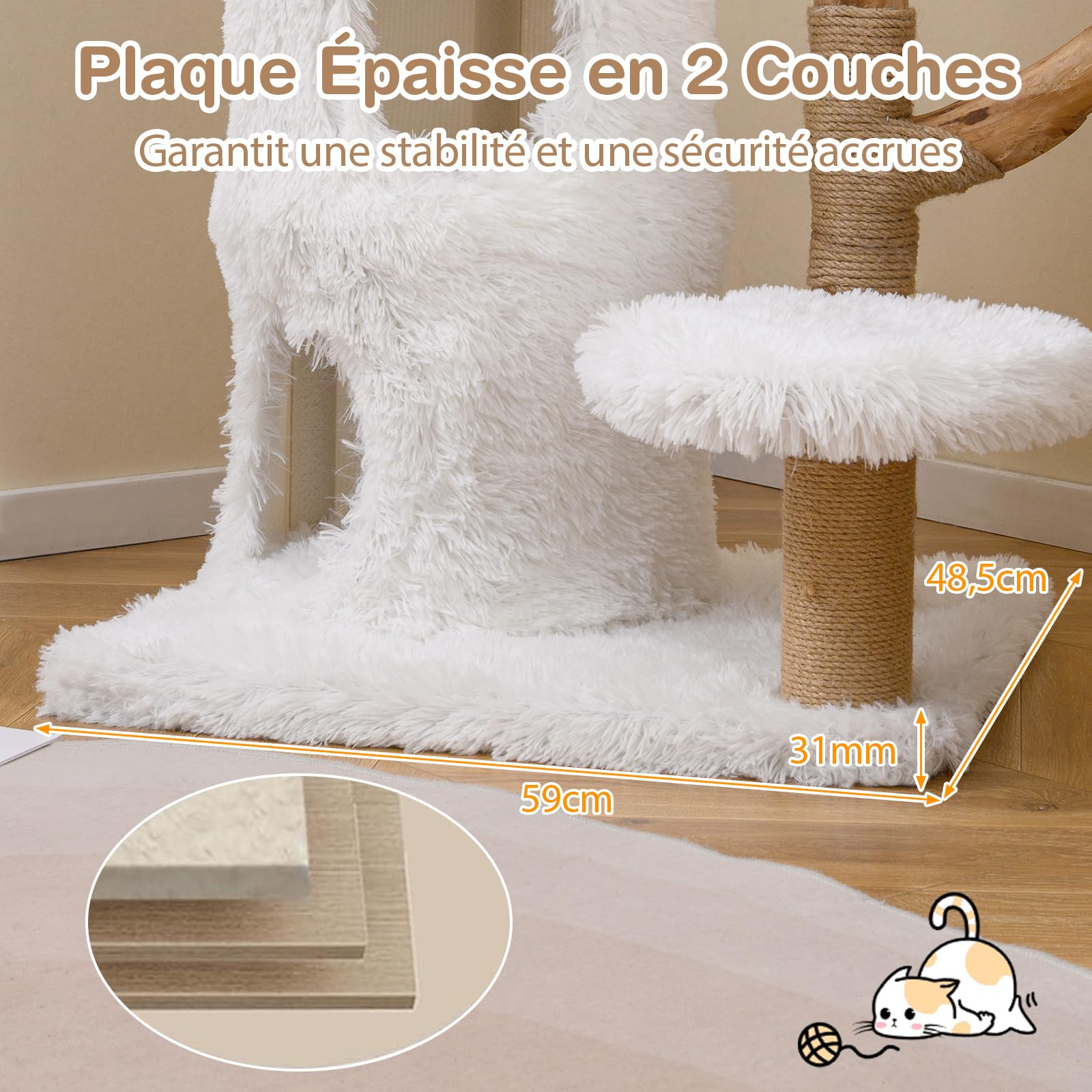 COSTWAY Arbre a Chat Bois de Poirier 93 cm, Condo à 2 Niveaux, 3 Poteaux à Griffer en Jute, 4 Plateformes, Arbre à Chat Maine Coon, Base Épaisse à 2 Couches, Cushion Amovible (93 cm,Blanc+Naturel)