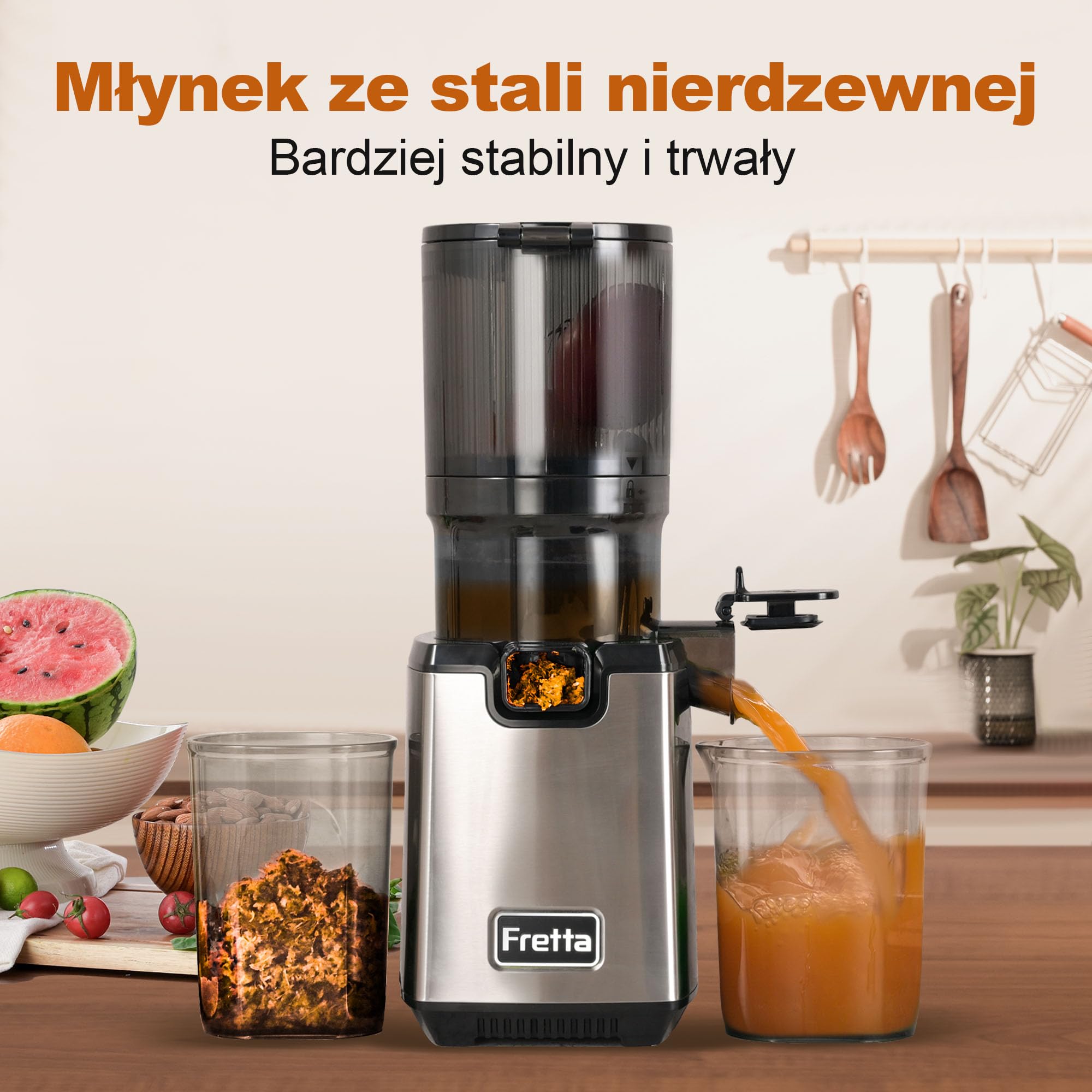 Maszyna do Wyciskania Soków na Zimno Fretta, Wyciskarka Wolnoobrotowa, Duży Otwór Załadunkowy 5,3'', Łatwa w Czyszczeniu, Automatyczne Podawanie, Sokowirówka, Cold Press Juicer
