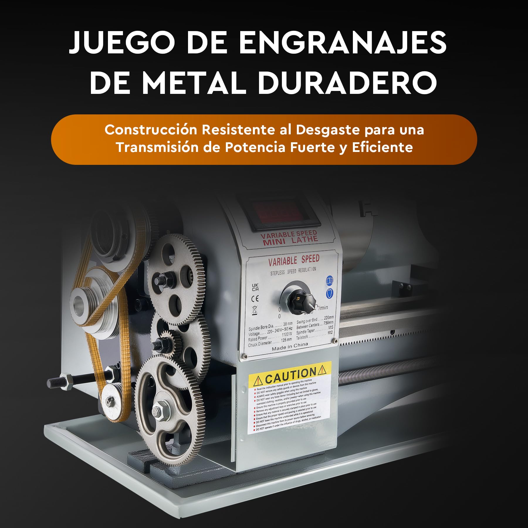 CREWORKS 1100W Torno de Metal, 220X750MM Torno para Metal de Sobremesa con Máx. Velocidad 3000 RPM, Torno de Metal con Pantalla Digital para Torneado de Metales para Roscar, Tornear