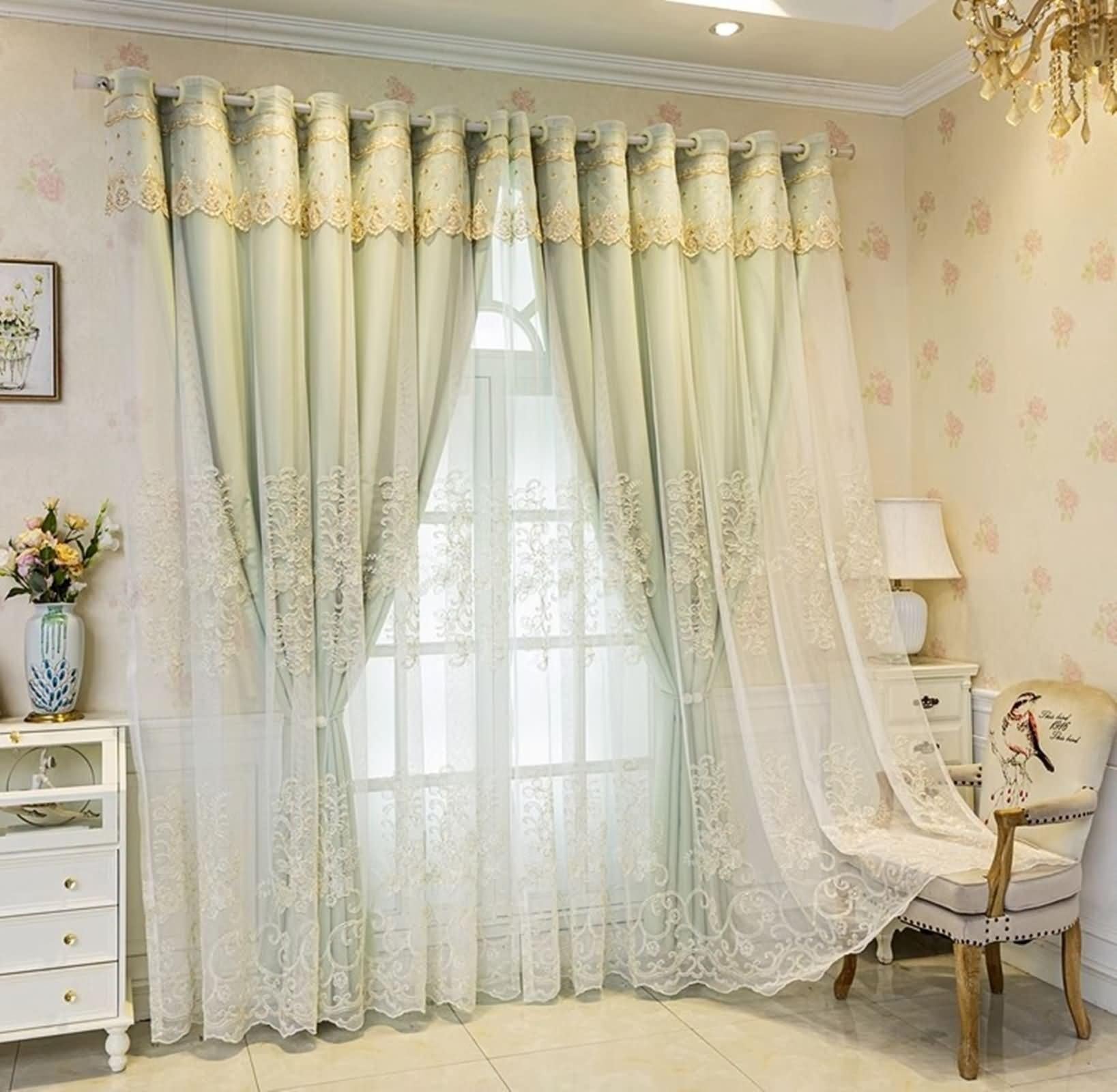 Zasłony zewnętrzne zaciemniające, zielona zasłona okienna do sypialni dwuwarstwowa koronka haft poliester zestaw 2 szt. 102 W x 244 l cm