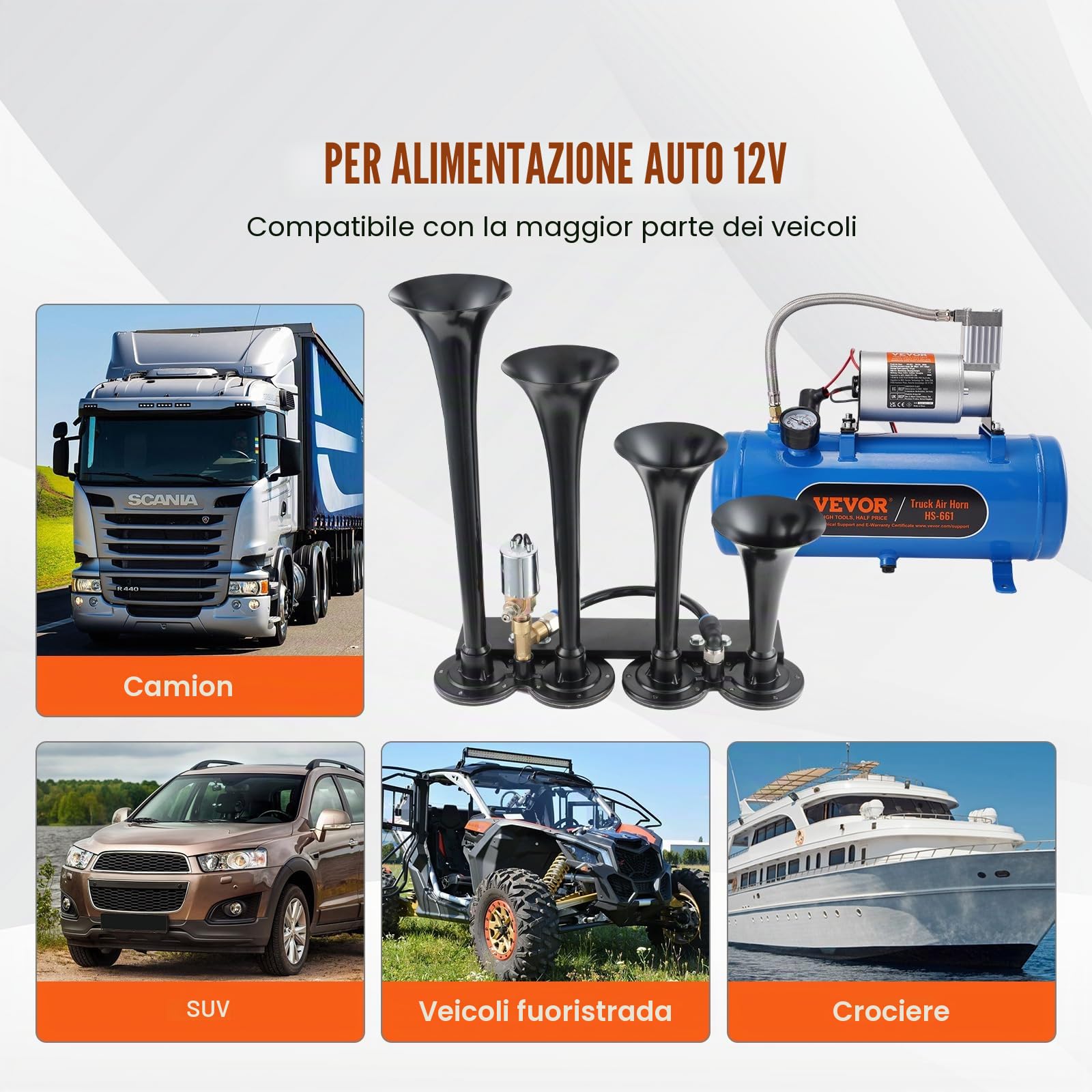 VEVOR Set Clacson da Camion Auto, Set da 4 Trombe Clacson 150 dB per Camioncini, Compressore d'Aria da 12V Pressione 120 PSI, Serbatoio 6 Litri con Manometro per Veicolo a 12V, Camion, Furgone, Barca