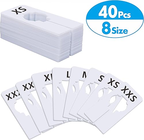 Miniatura 2 de Paquete de 40 perchas rectangulares de plástico blanco para ropa para armario, preimpresas en 8 tamaños XXS, XS, S, M, L, XL, XXL, XXXL (2.5 x 5