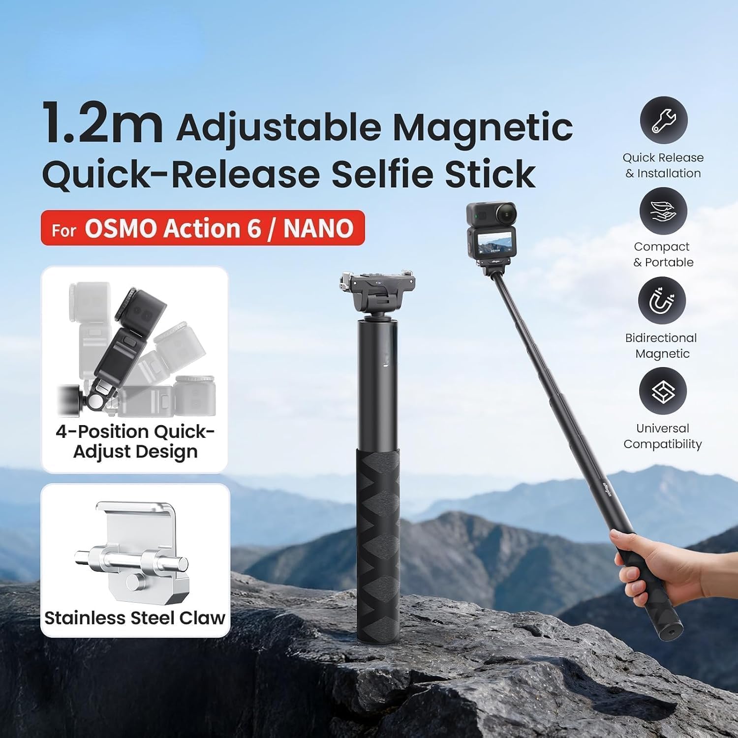 Light & Selfie Stick Kit Compatible with DJI Action 6 – 120cm Extendable Pole, 180° Flip Mount, Quick Detach for Vlogging (Rose Gold)