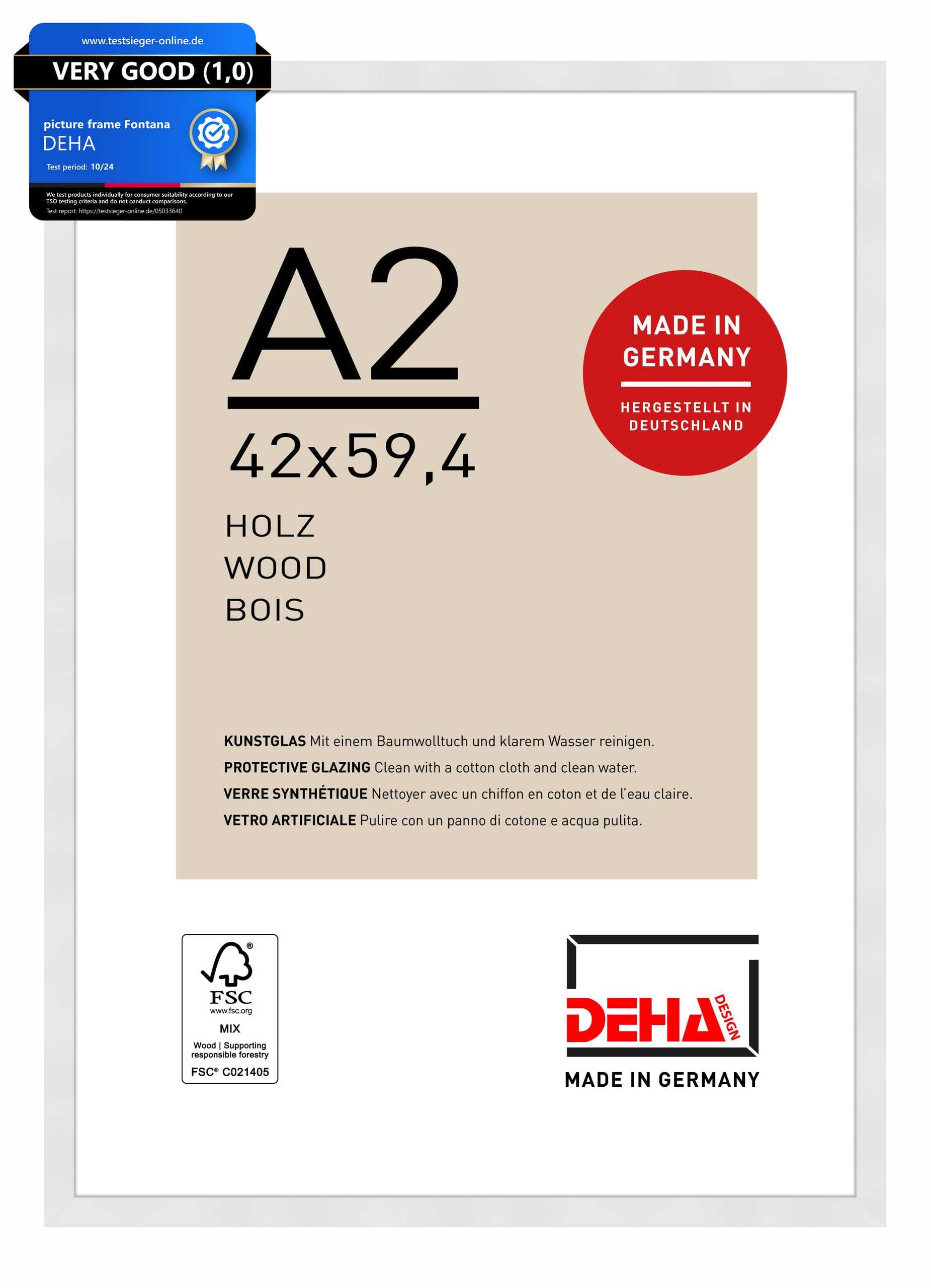 Deha Design White Fontana Wooden Picture Frame - A2 (42X59.4 Cm) – - With Synthetic Glass And Push/Turn Clips